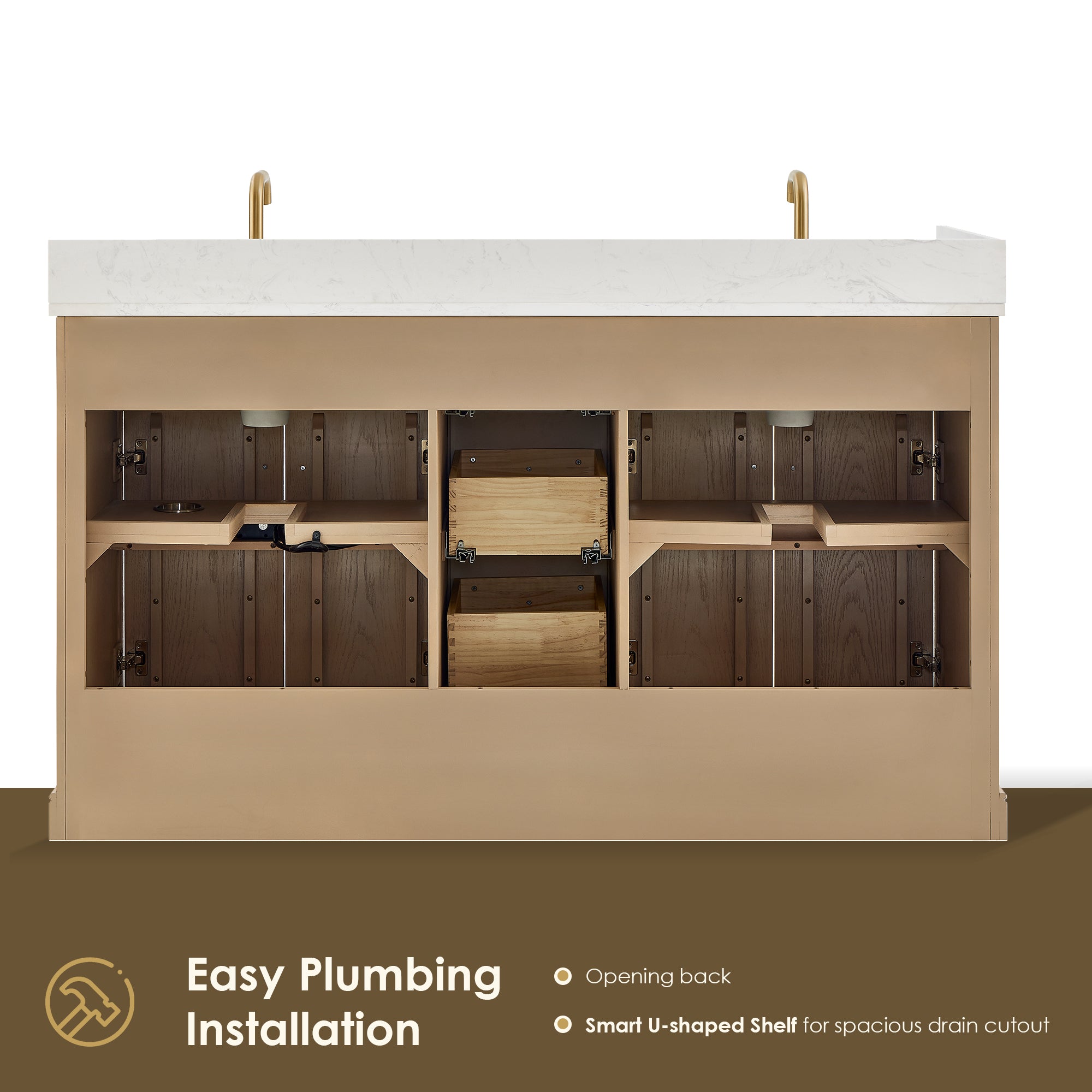 Barnett Bathroom Vanity in Natural Oak with Grain White Engineered Stone Countertop No Mirror