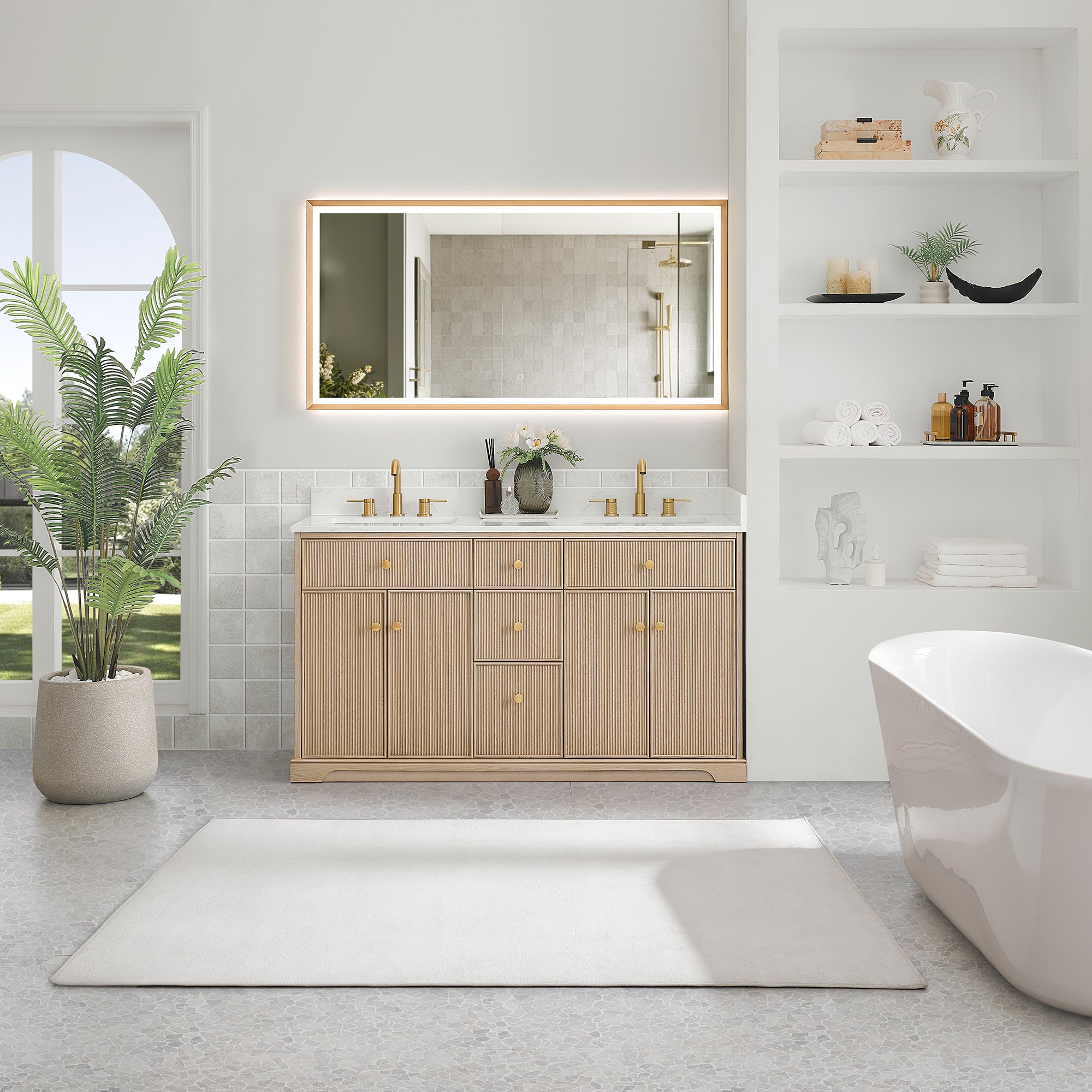 Barnett Bathroom Vanity in Natural Oak with Grain White Engineered Stone Countertop No Mirror