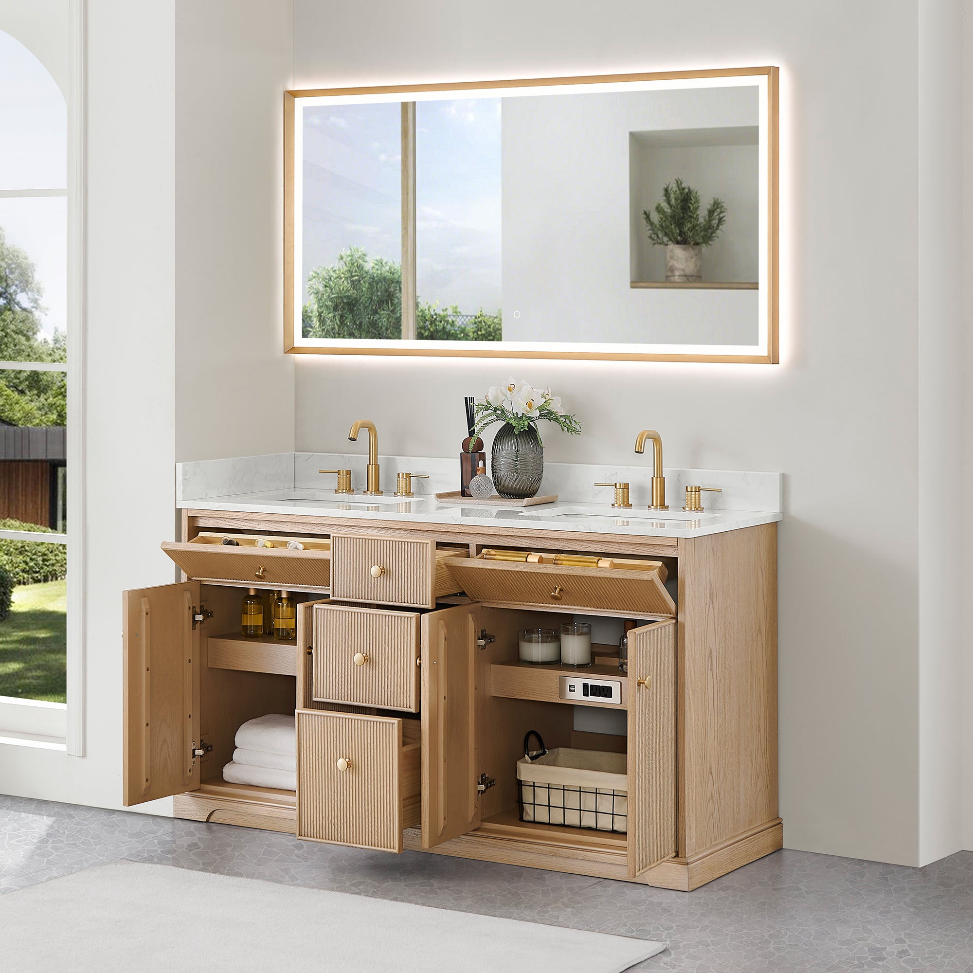 Barnett Bathroom Vanity in Natural Oak with Grain White Engineered Stone Countertop No Mirror