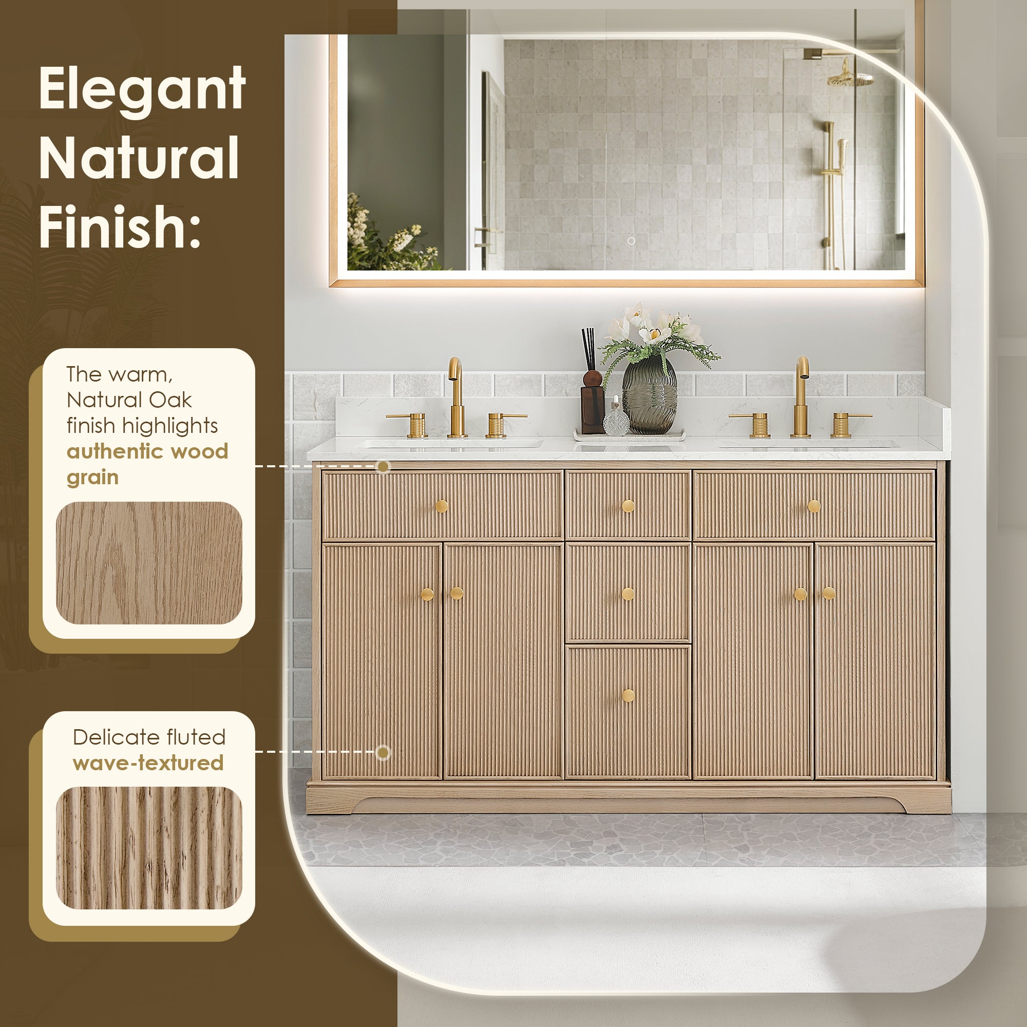 Barnett Bathroom Vanity in Natural Oak with Grain White Engineered Stone Countertop No Mirror