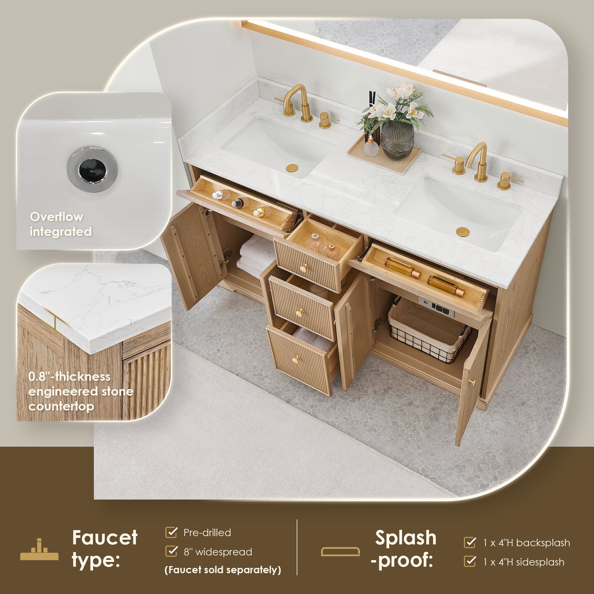 Barnett Bathroom Vanity in Natural Oak with Grain White Engineered Stone Countertop No Mirror