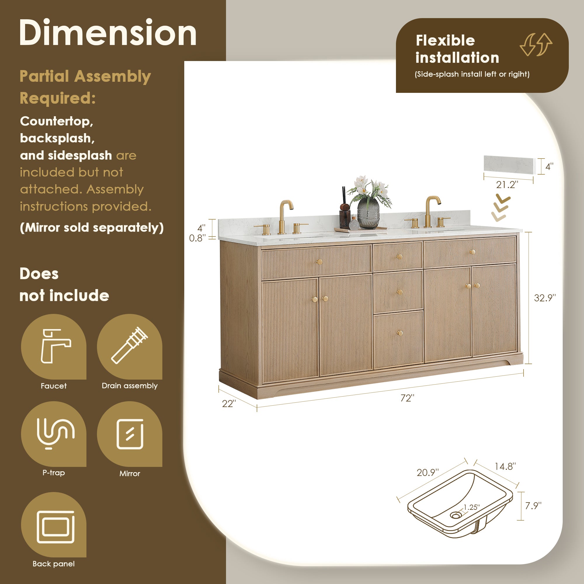 Barnett Bathroom Vanity in Natural Oak with Grain White Engineered Stone Countertop No Mirror