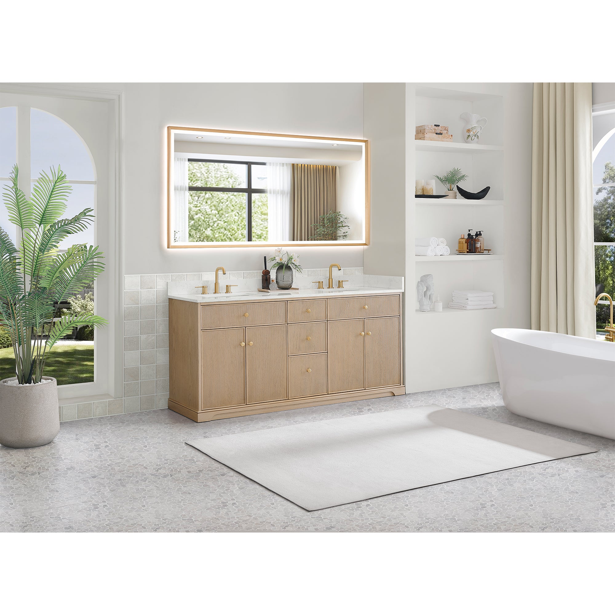 Barnett Bathroom Vanity in Natural Oak with Grain White Engineered Stone Countertop No Mirror