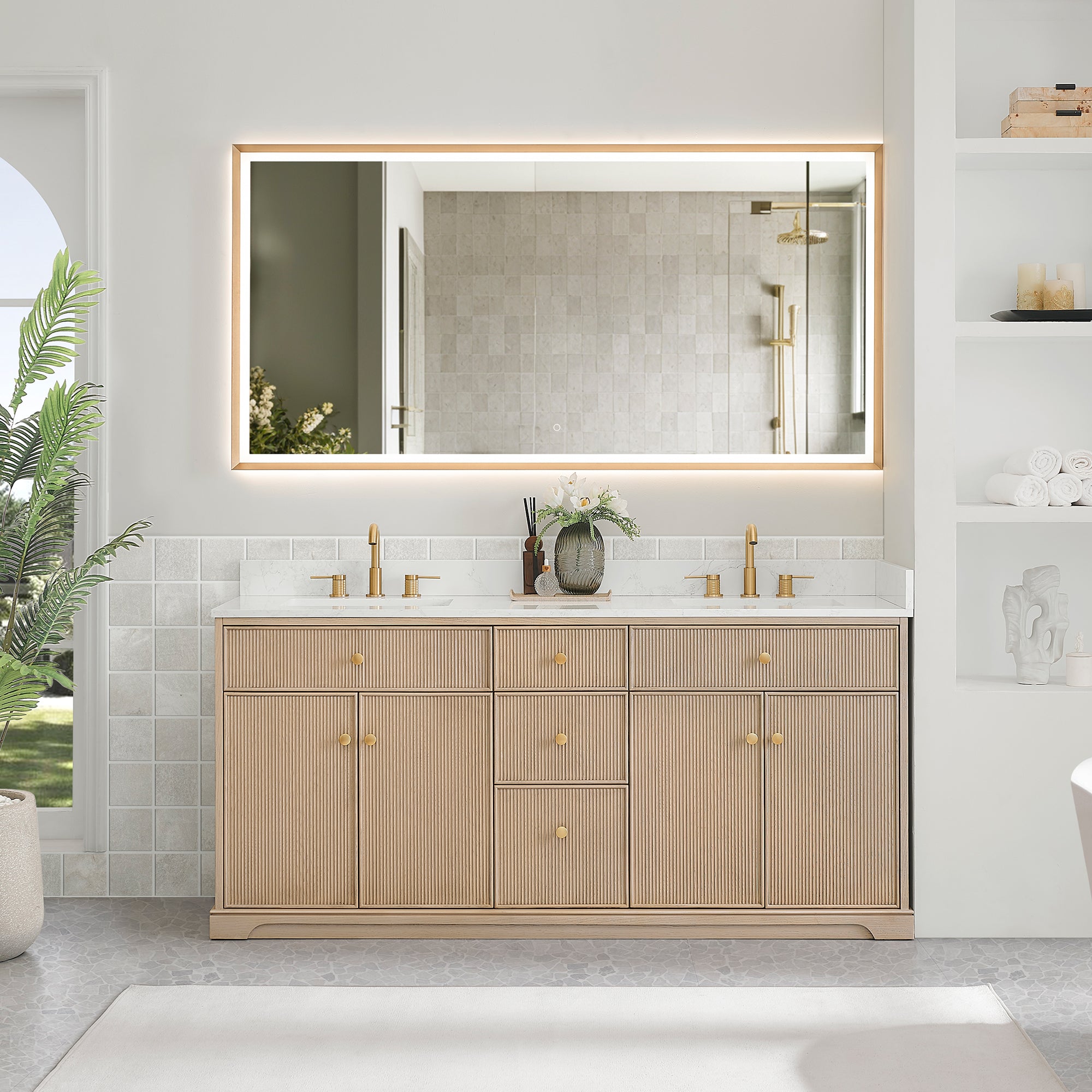 Barnett Bathroom Vanity in Natural Oak with Grain White Engineered Stone Countertop No Mirror