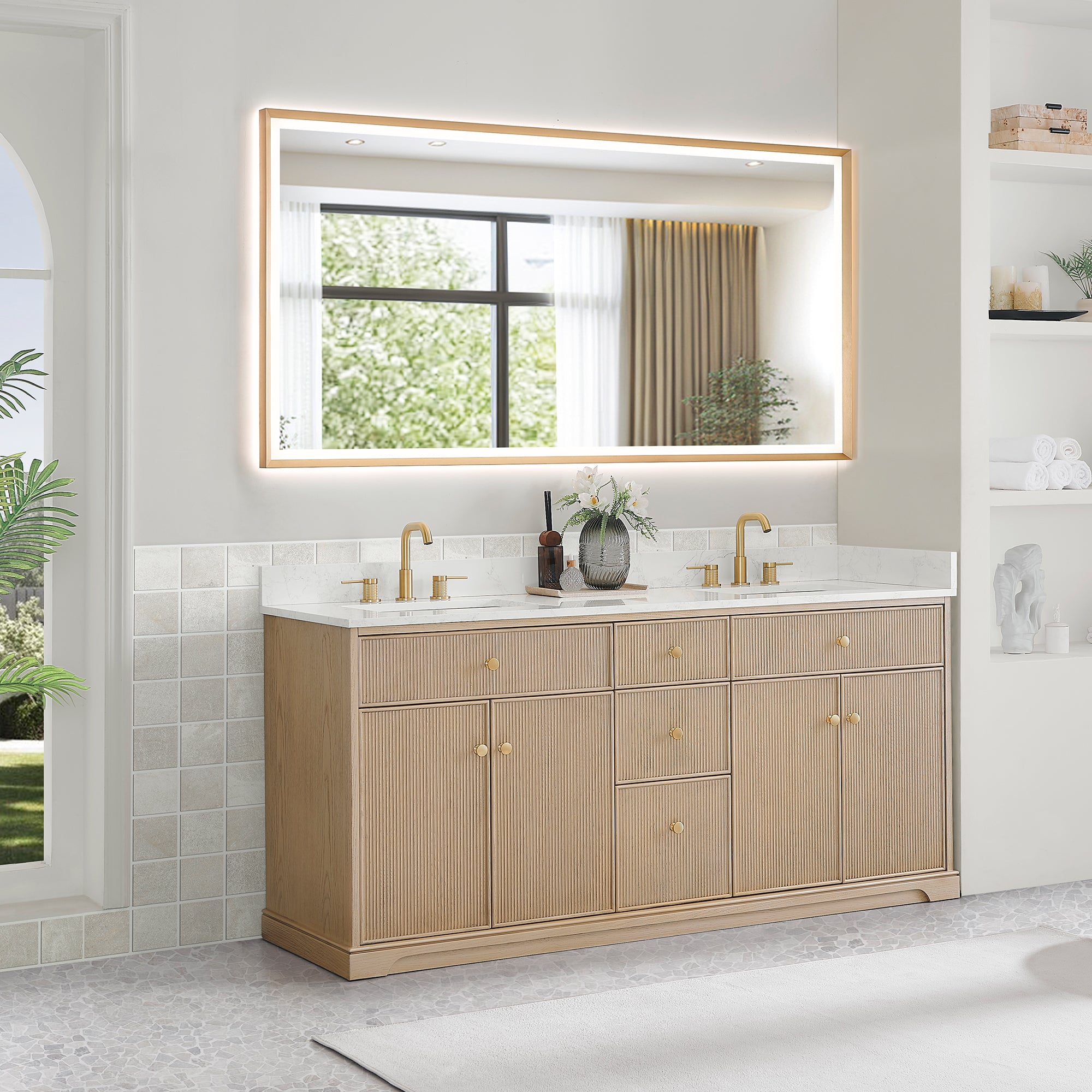 Barnett Bathroom Vanity in Natural Oak with Grain White Engineered Stone Countertop No Mirror