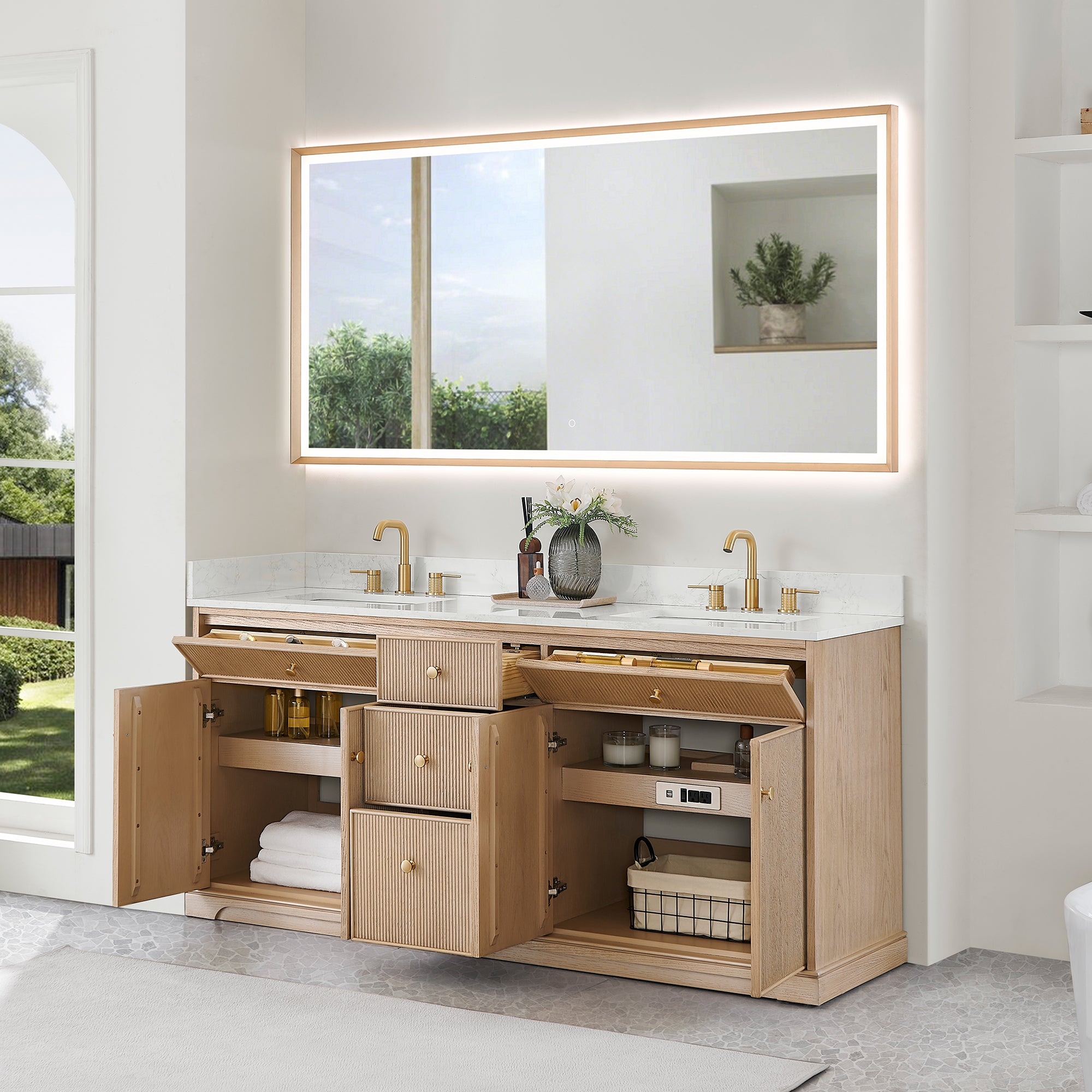 Barnett Bathroom Vanity in Natural Oak with Grain White Engineered Stone Countertop No Mirror