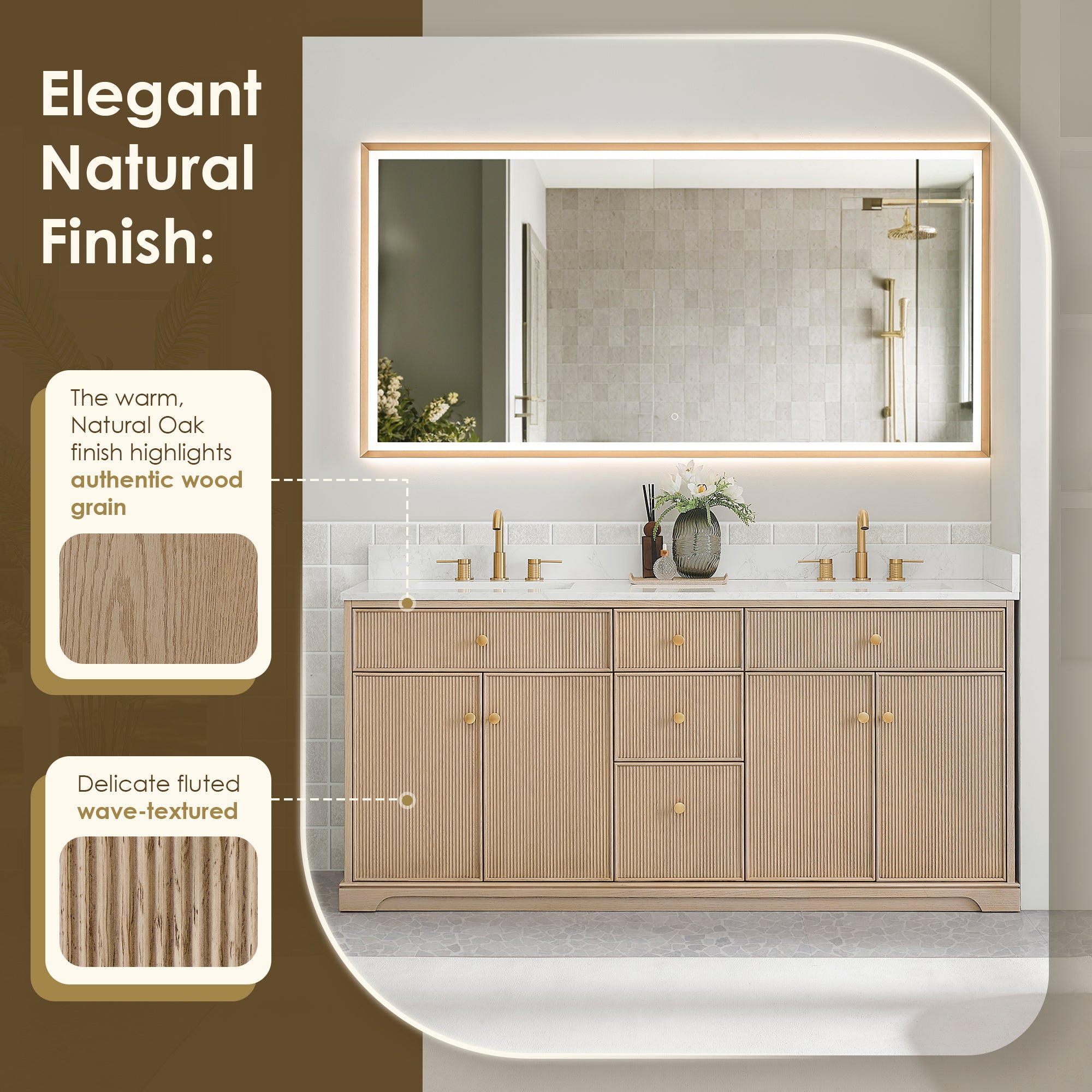 Barnett Bathroom Vanity in Natural Oak with Grain White Engineered Stone Countertop No Mirror