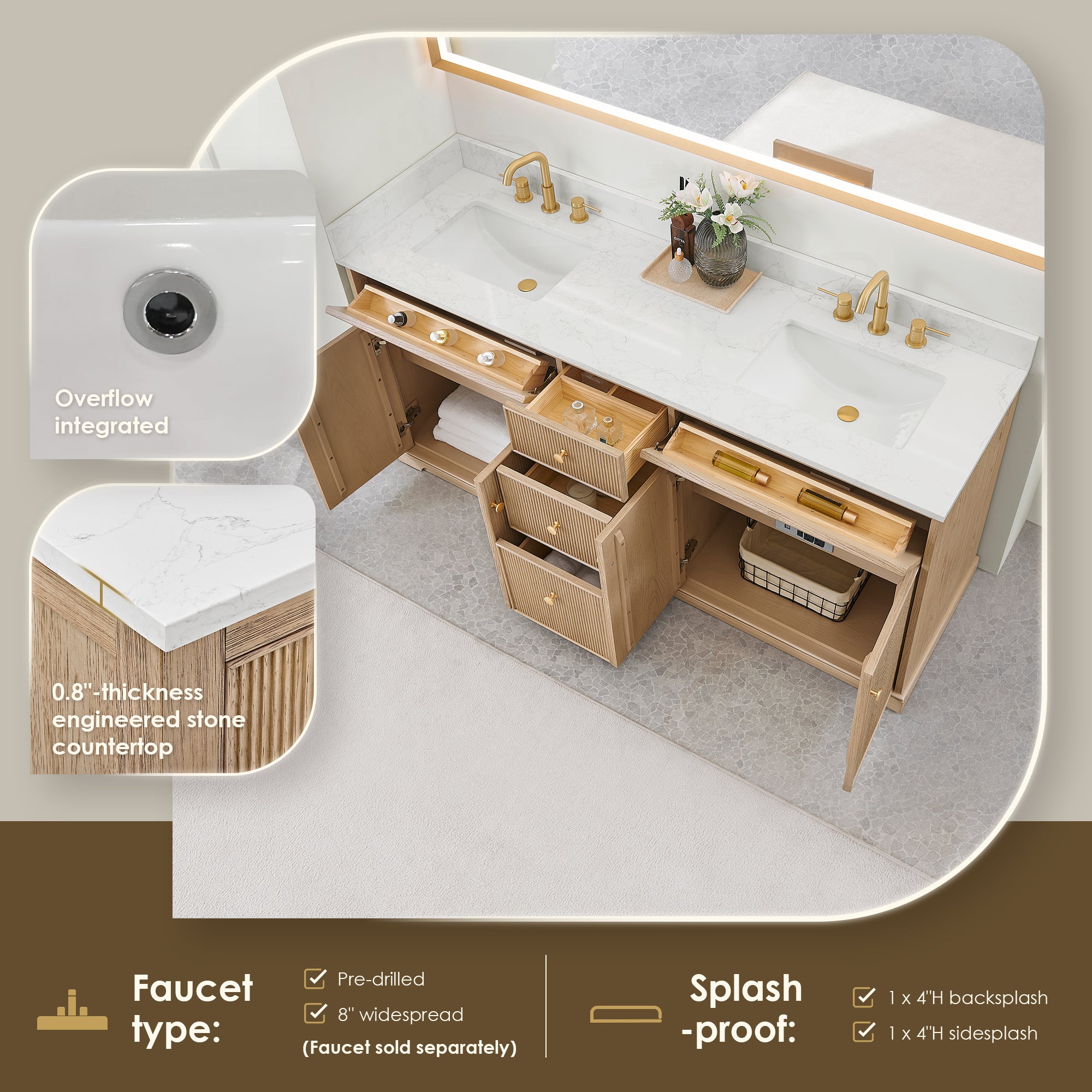 Barnett Bathroom Vanity in Natural Oak with Grain White Engineered Stone Countertop No Mirror