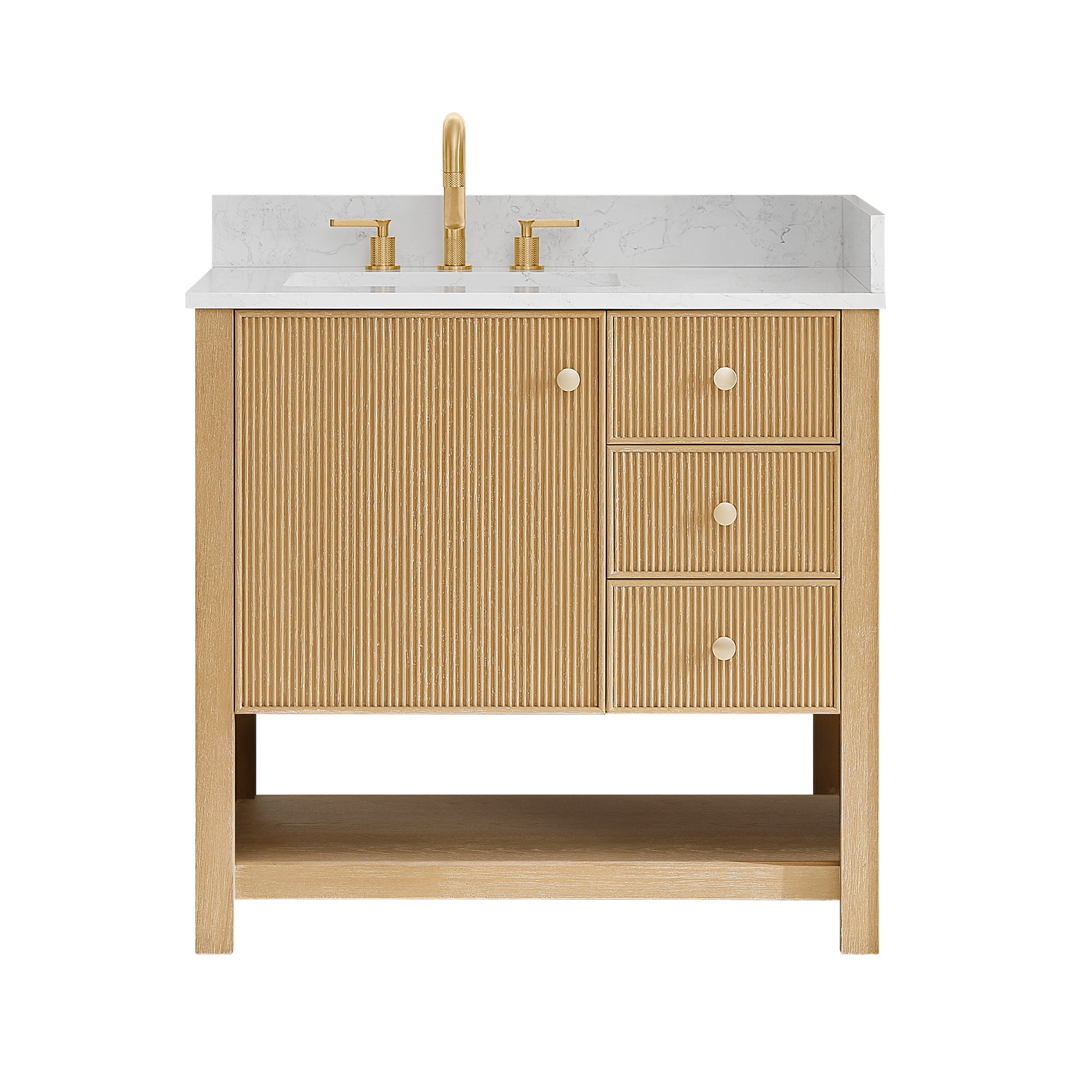 Cecil Bathroom Vanity in White Oak with Grain White Engineered Stone Countertop No Mirror