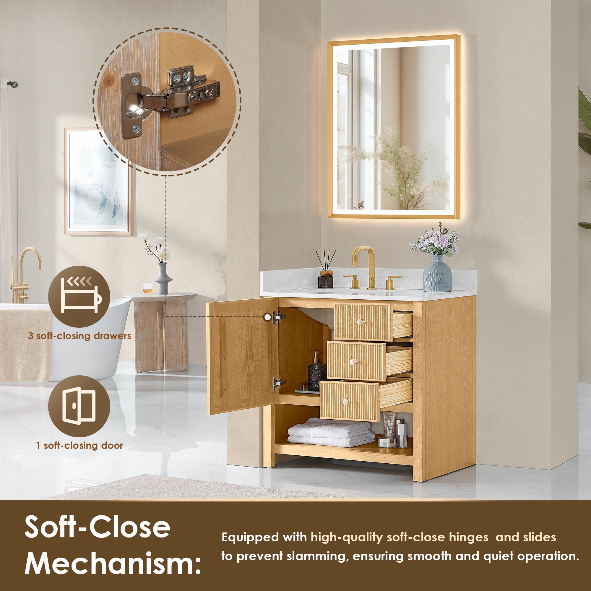 Cecil Bathroom Vanity in White Oak with Grain White Engineered Stone Countertop No Mirror