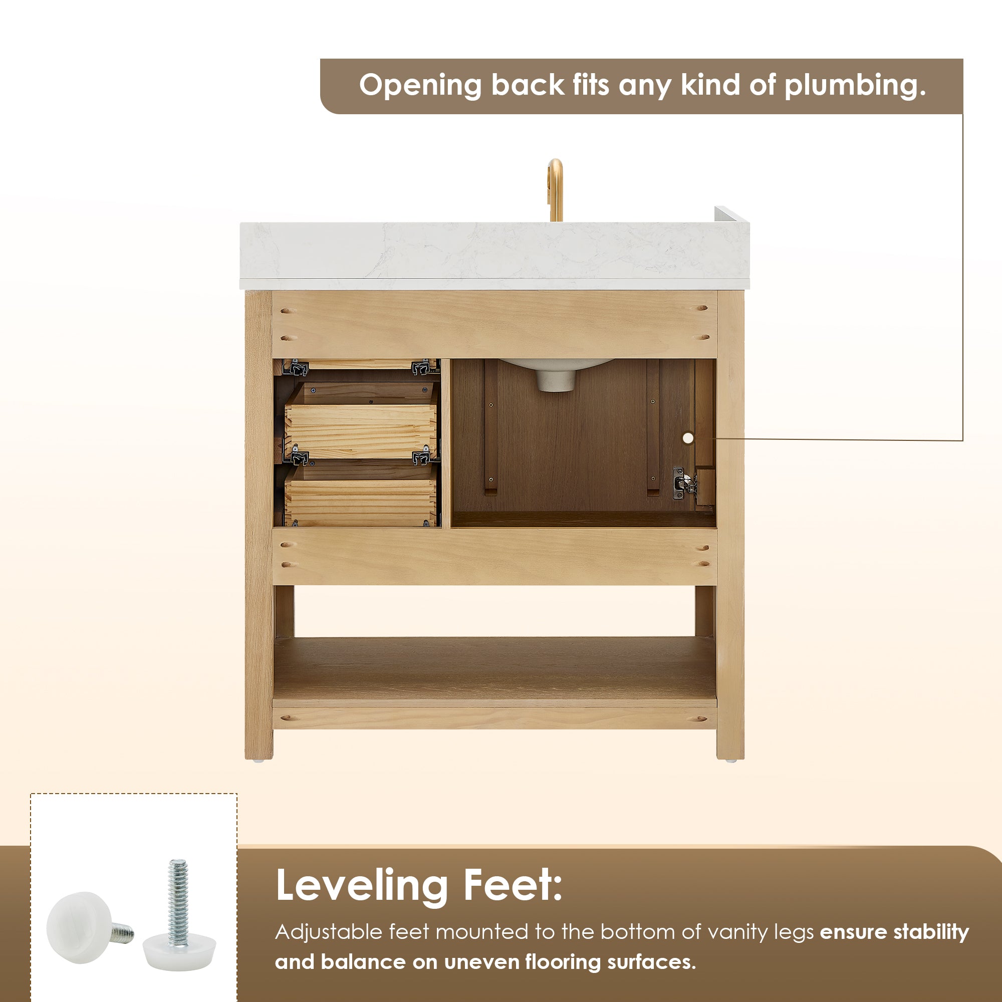 Cecil Bathroom Vanity in White Oak with Grain White Engineered Stone Countertop No Mirror