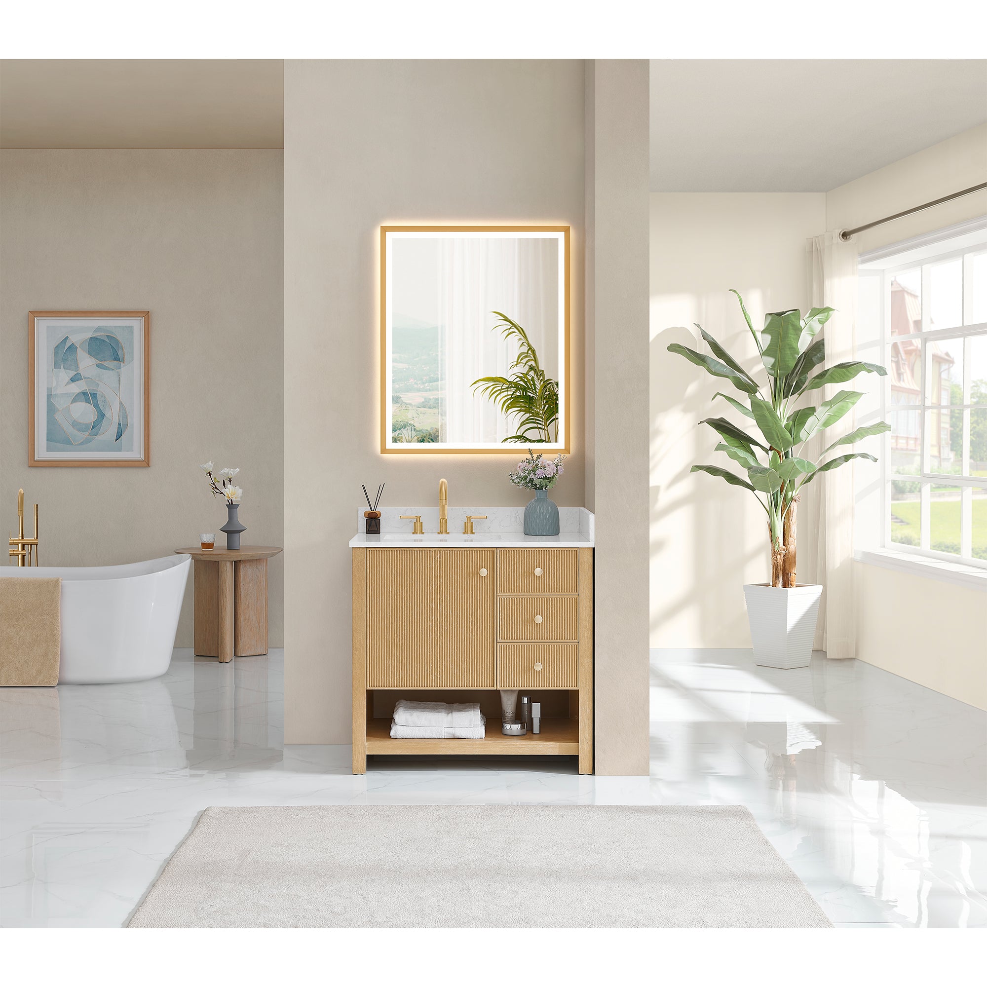Cecil Bathroom Vanity in White Oak with Grain White Engineered Stone Countertop No Mirror