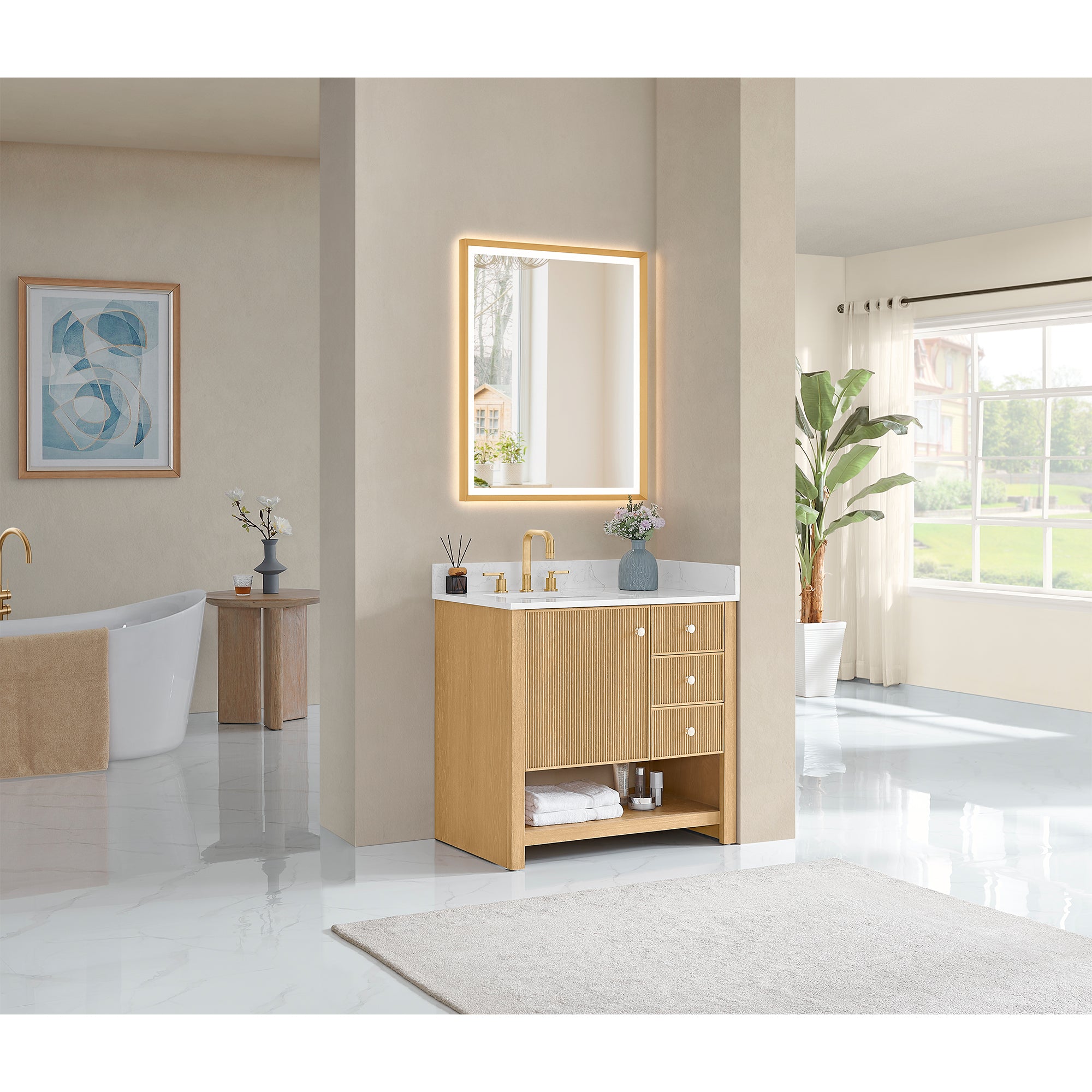 Cecil Bathroom Vanity in White Oak with Grain White Engineered Stone Countertop No Mirror