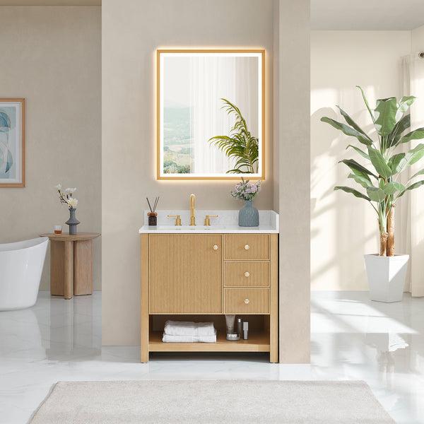 Cecil Bathroom Vanity in White Oak with Grain White Engineered Stone Countertop No Mirror