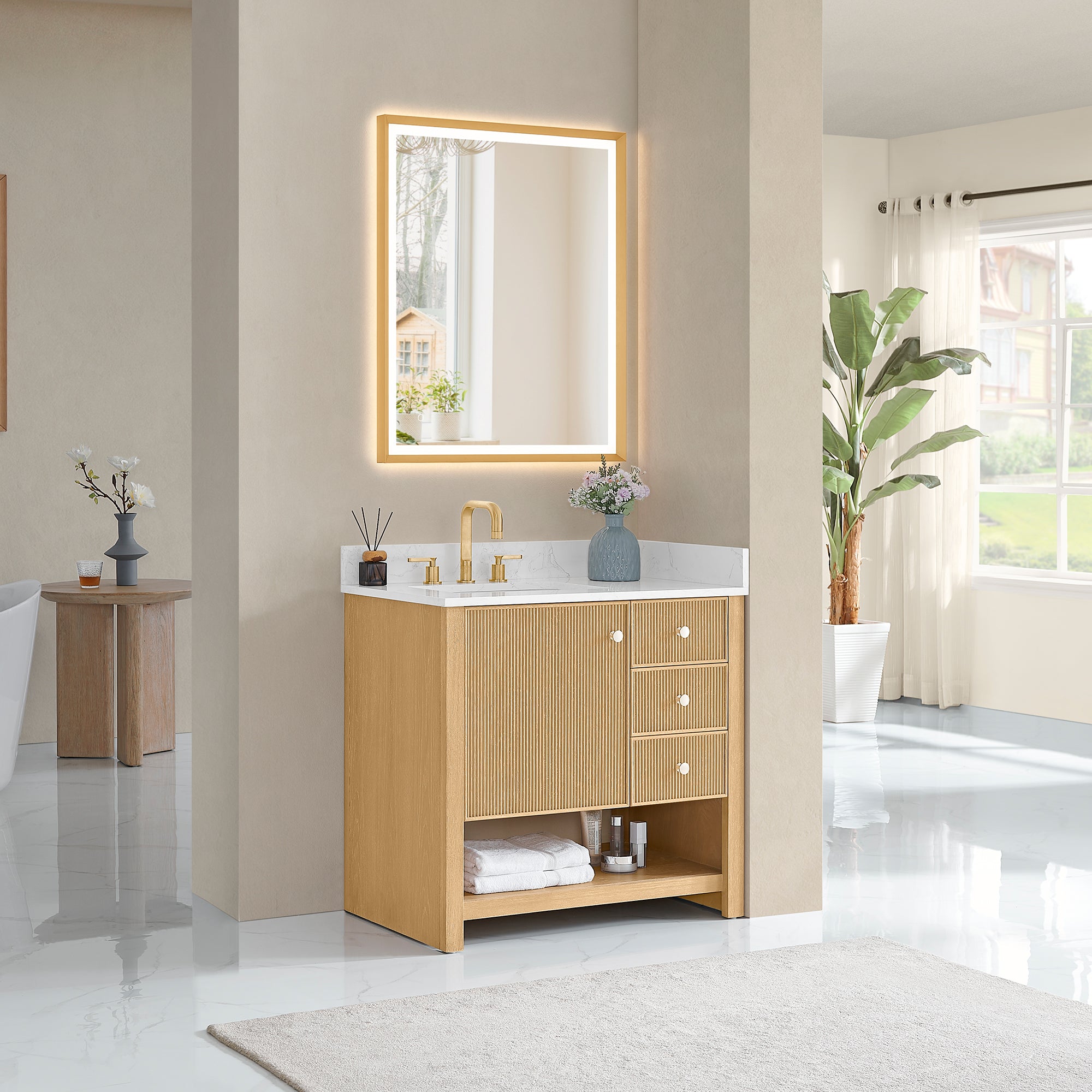 Cecil Bathroom Vanity in White Oak with Grain White Engineered Stone Countertop No Mirror