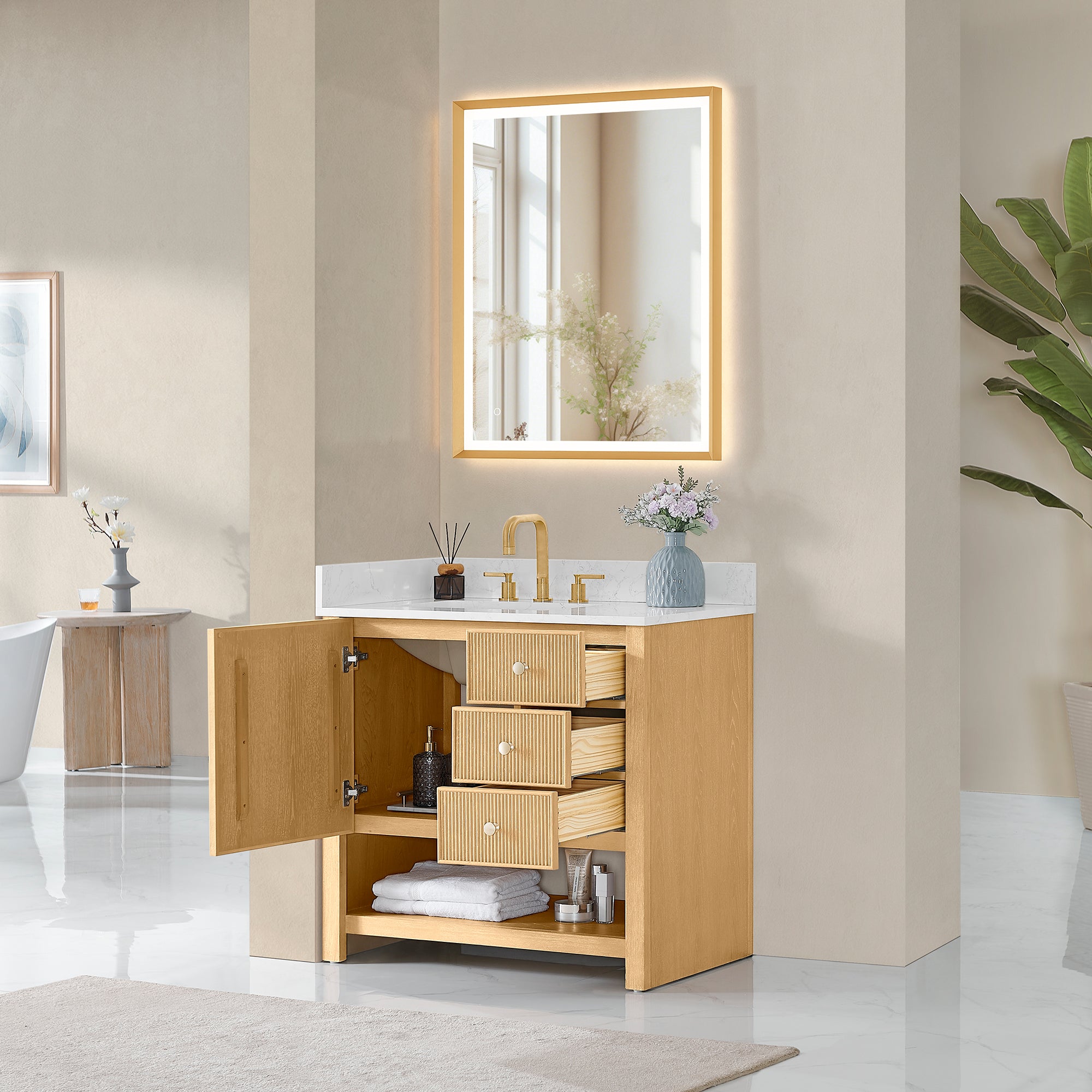 Cecil Bathroom Vanity in White Oak with Grain White Engineered Stone Countertop No Mirror