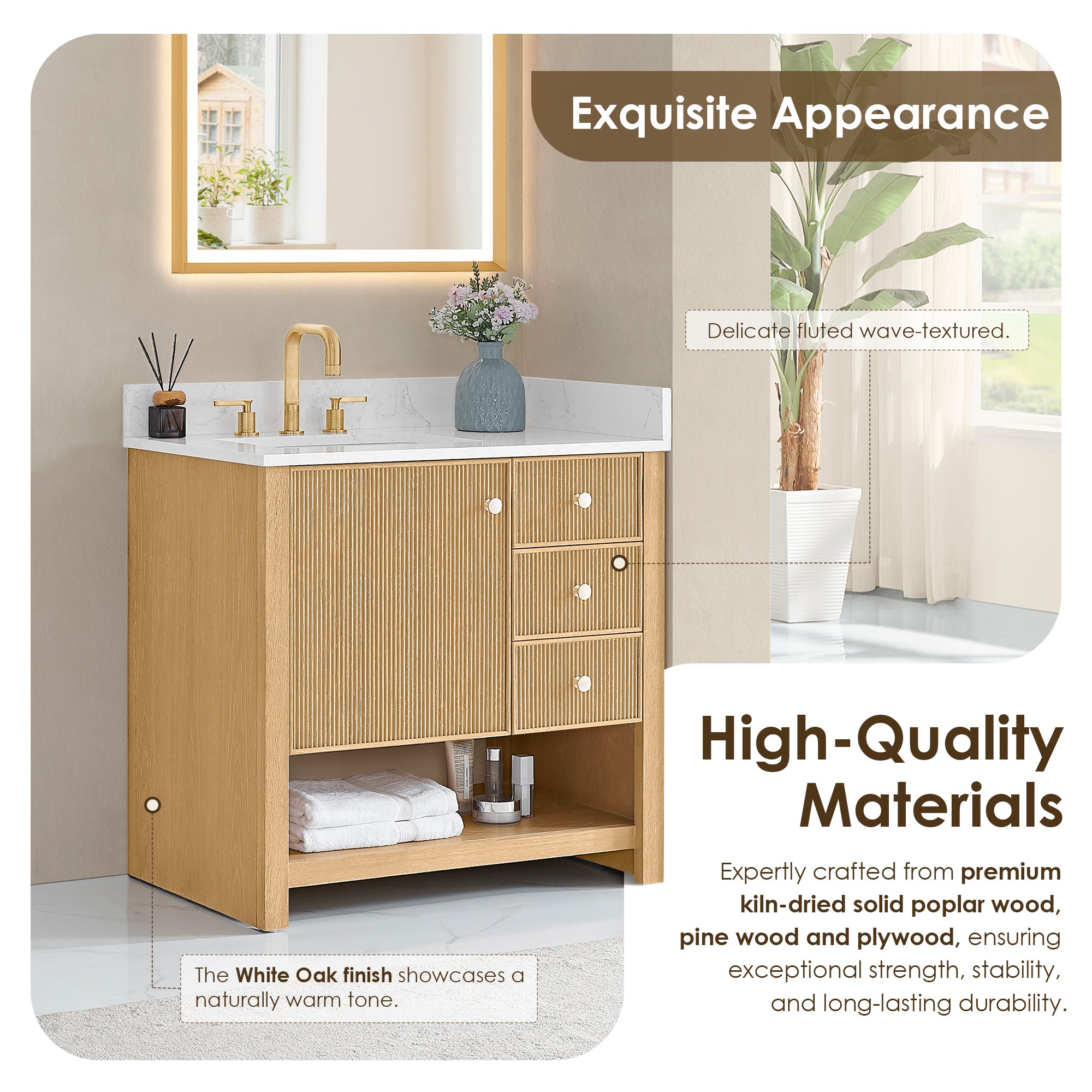 Cecil Bathroom Vanity in White Oak with Grain White Engineered Stone Countertop No Mirror