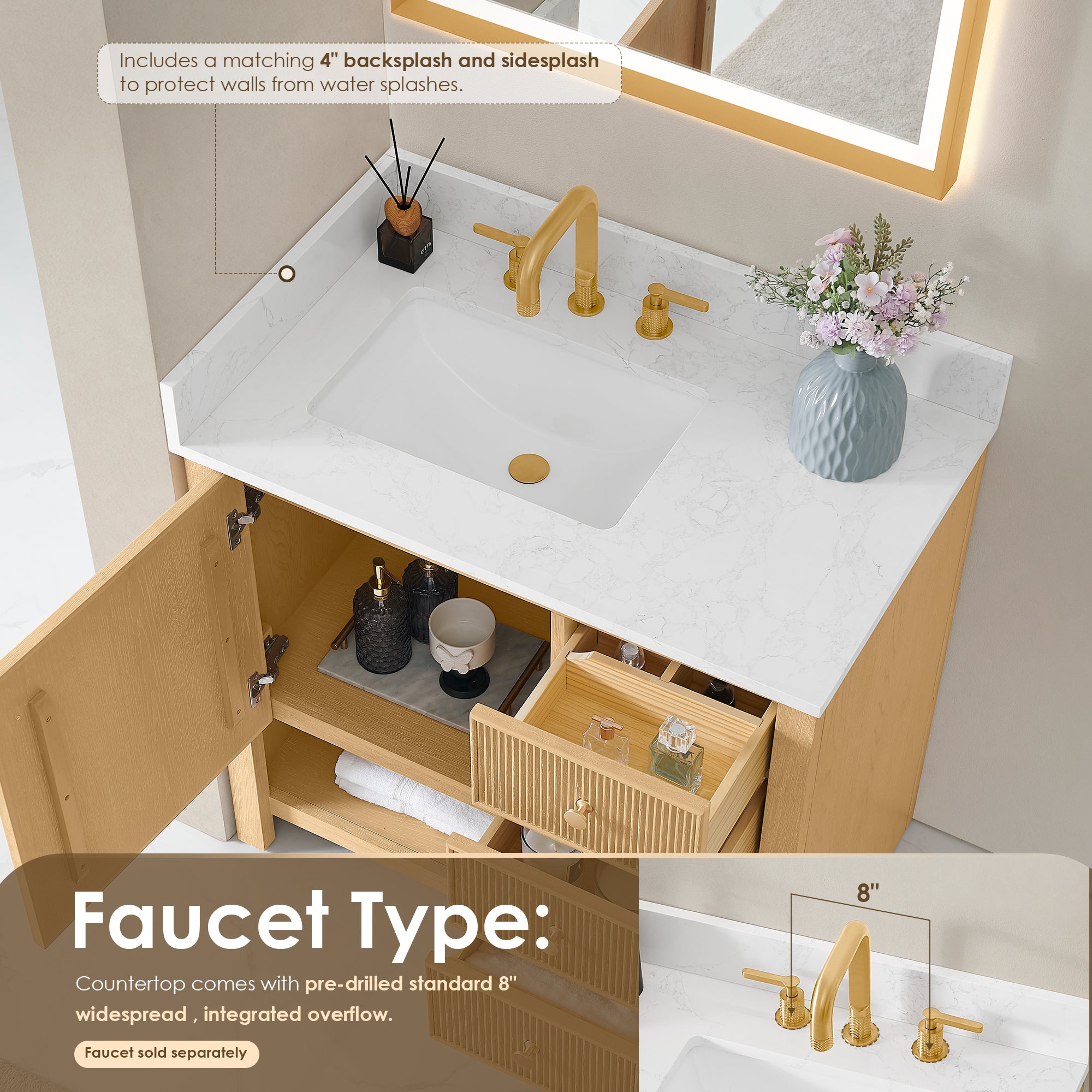 Cecil Bathroom Vanity in White Oak with Grain White Engineered Stone Countertop No Mirror