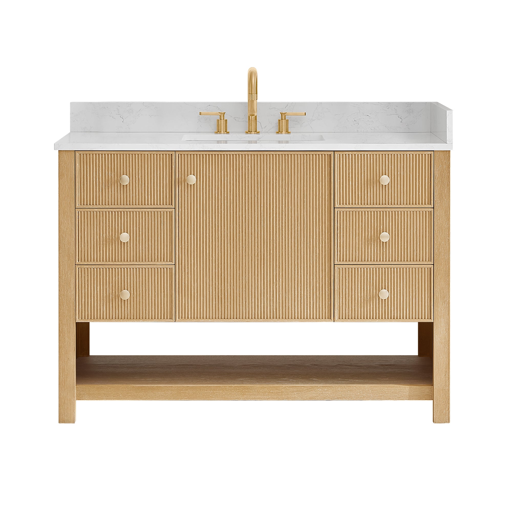 Cecil Bathroom Vanity in White Oak with Grain White Engineered Stone Countertop No Mirror