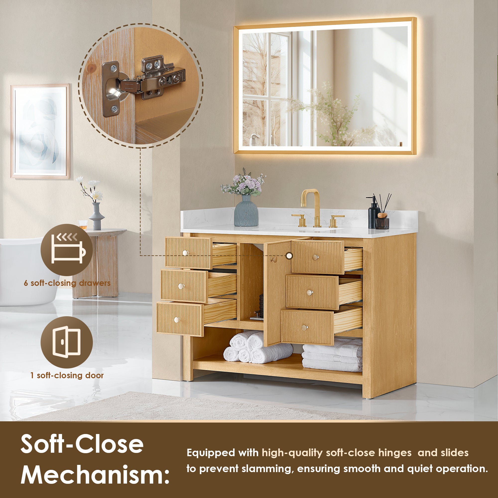 Cecil Bathroom Vanity in White Oak with Grain White Engineered Stone Countertop No Mirror