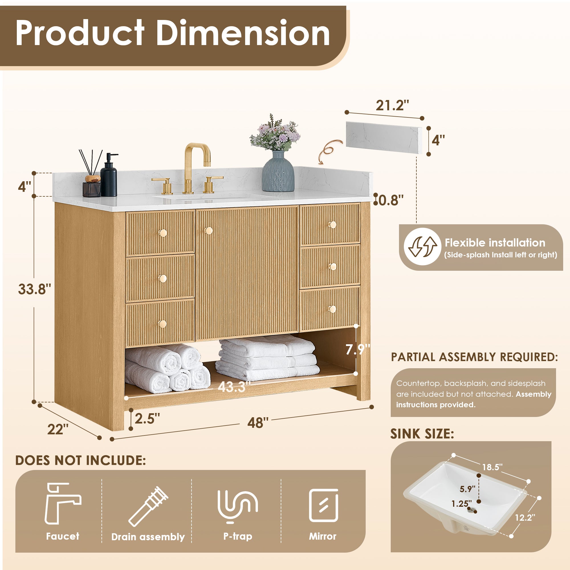 Cecil Bathroom Vanity in White Oak with Grain White Engineered Stone Countertop No Mirror