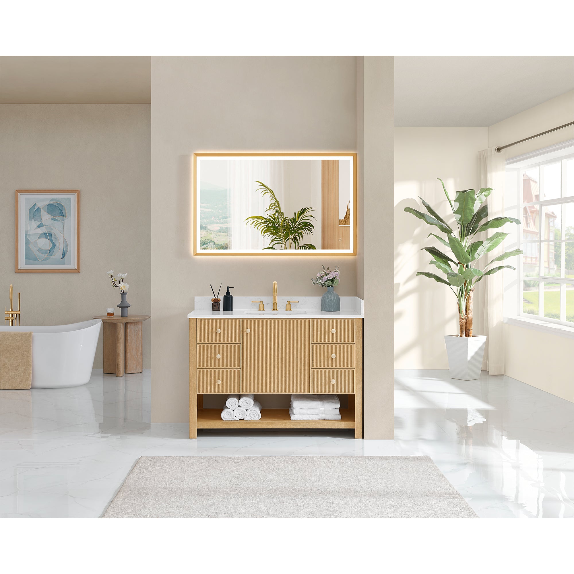 Cecil Bathroom Vanity in White Oak with Grain White Engineered Stone Countertop No Mirror