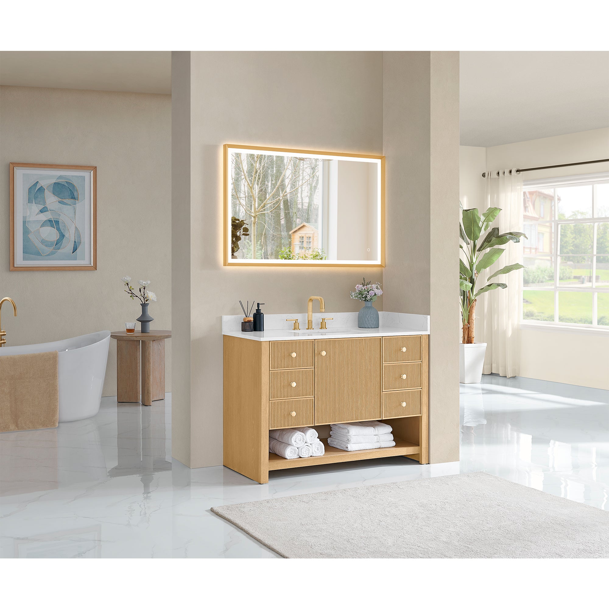 Cecil Bathroom Vanity in White Oak with Grain White Engineered Stone Countertop No Mirror