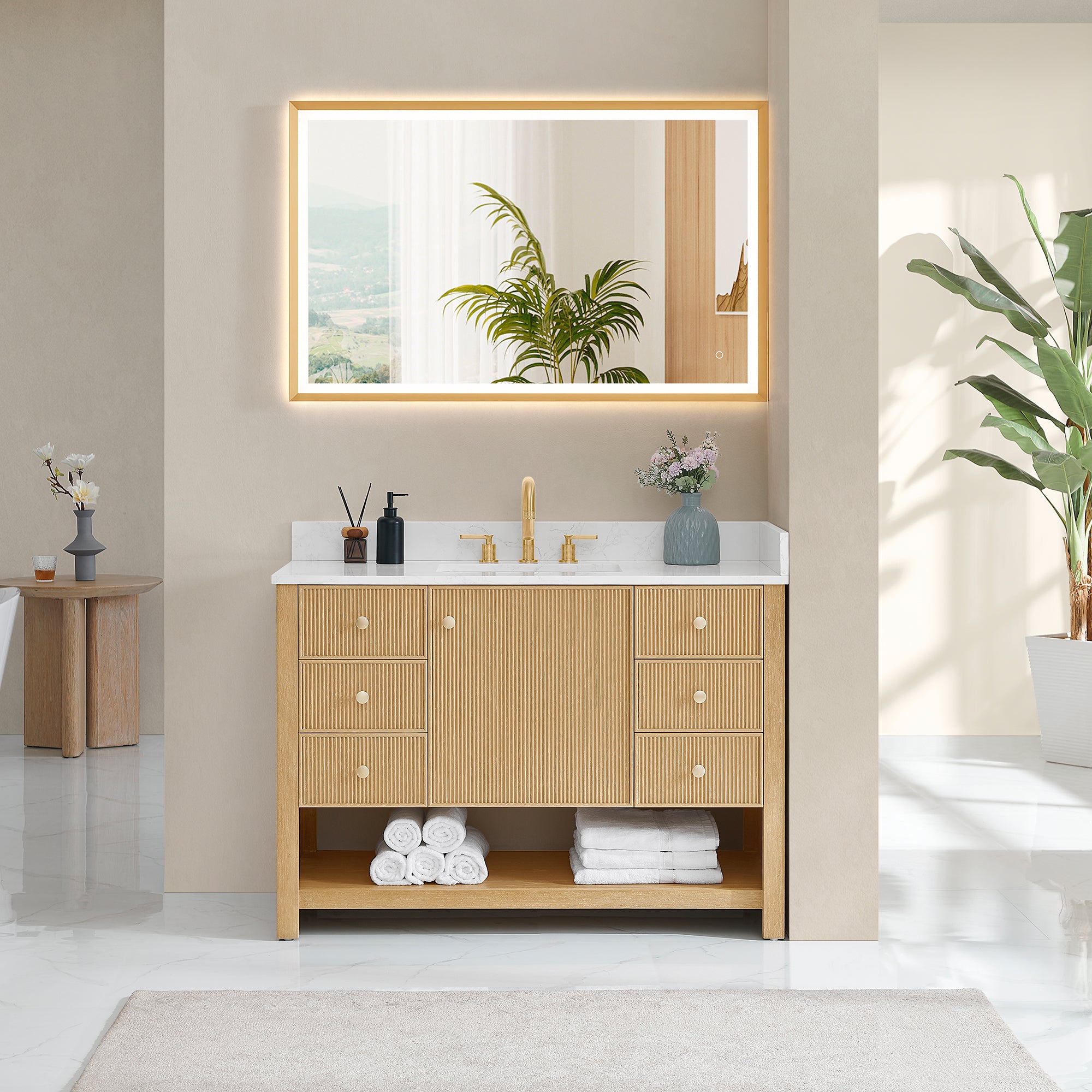 Cecil Bathroom Vanity in White Oak with Grain White Engineered Stone Countertop No Mirror
