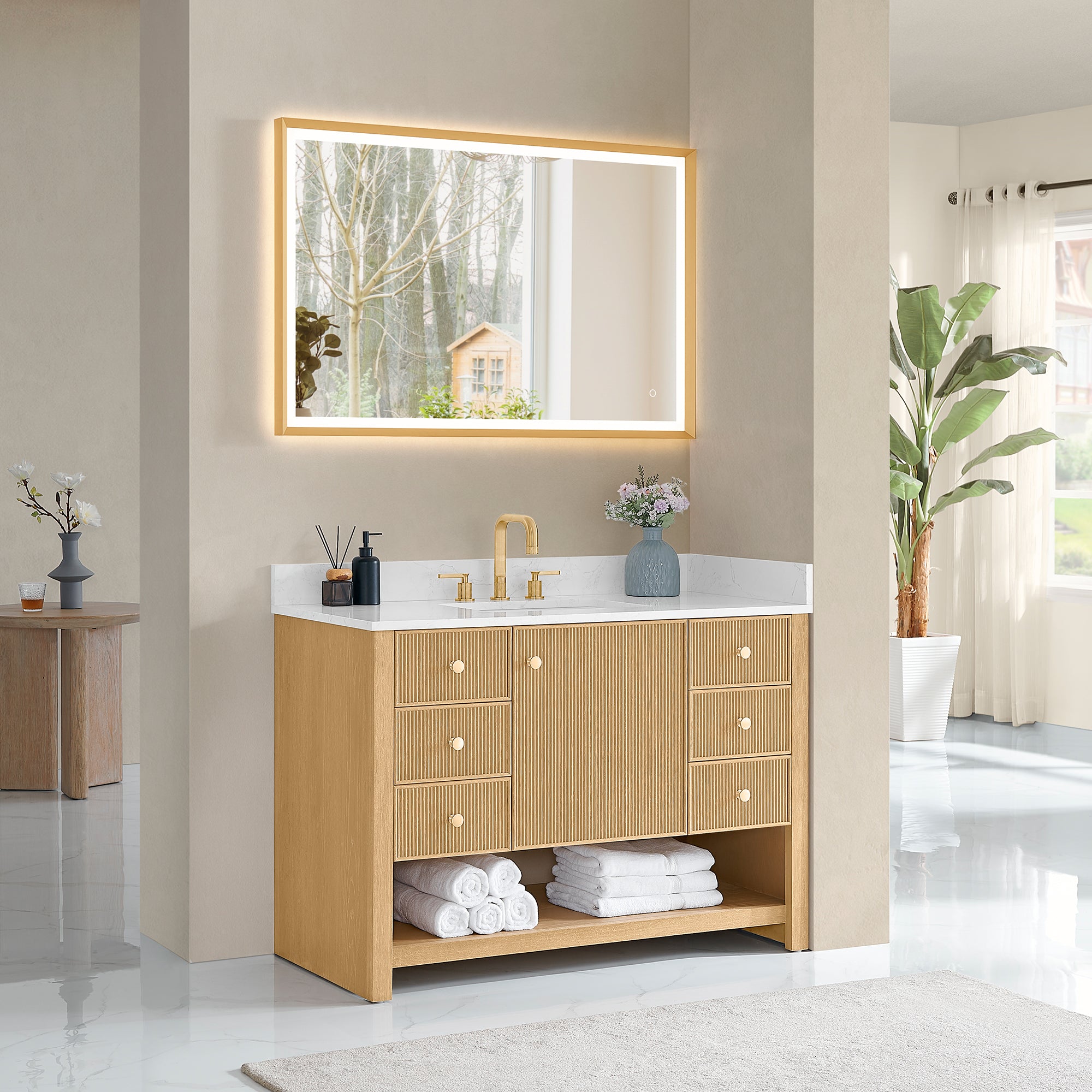 Cecil Bathroom Vanity in White Oak with Grain White Engineered Stone Countertop No Mirror