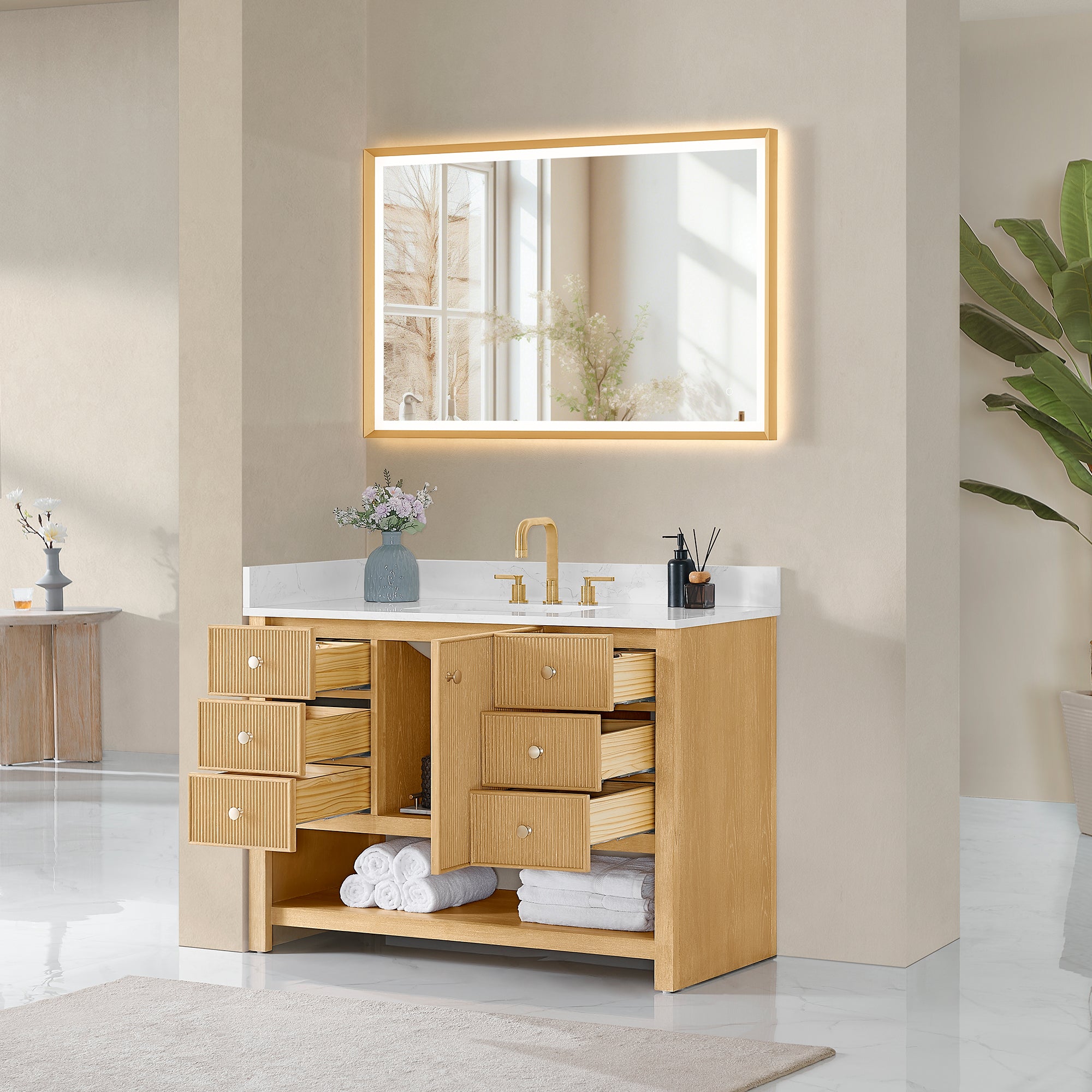 Cecil Bathroom Vanity in White Oak with Grain White Engineered Stone Countertop No Mirror