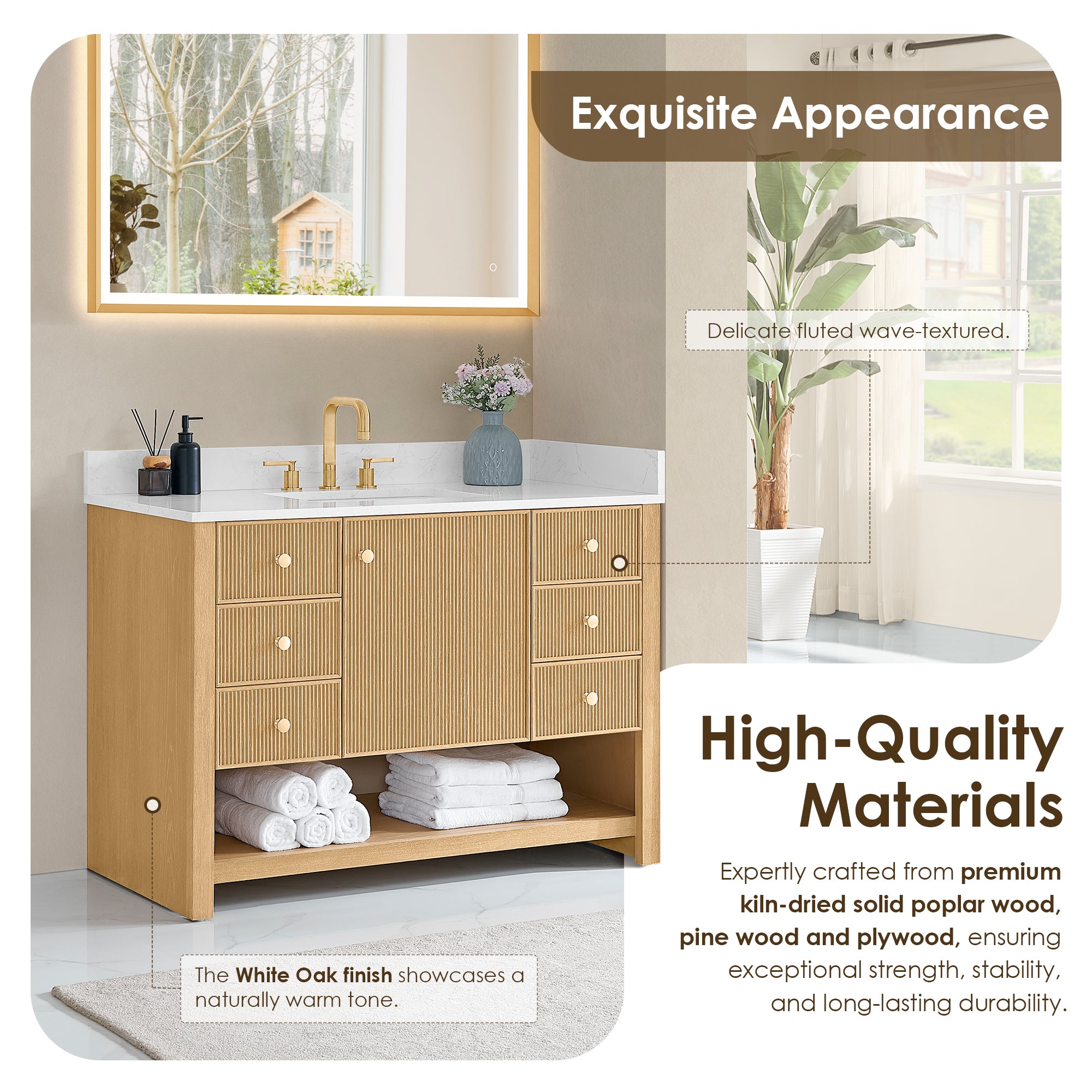 Cecil Bathroom Vanity in White Oak with Grain White Engineered Stone Countertop No Mirror