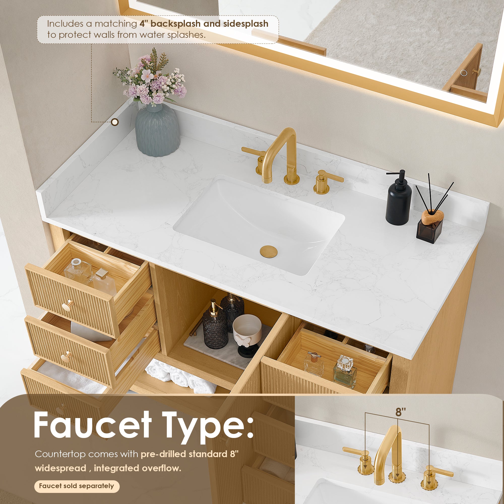 Cecil Bathroom Vanity in White Oak with Grain White Engineered Stone Countertop No Mirror