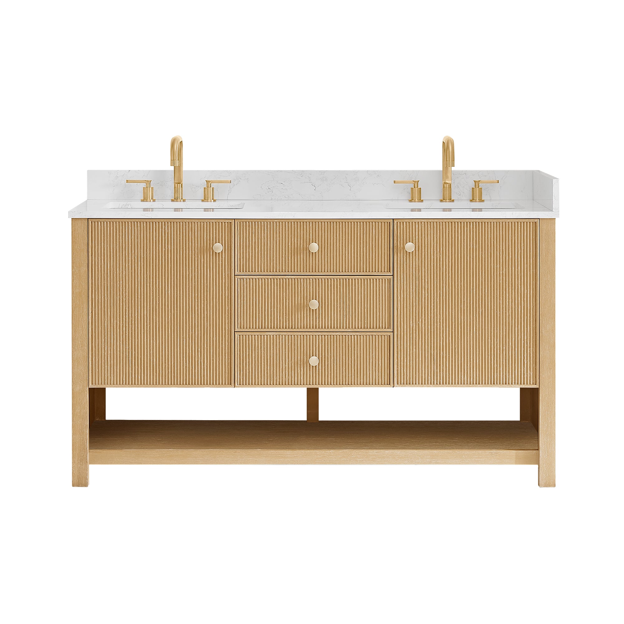 Cecil Bathroom Vanity in White Oak with Grain White Engineered Stone Countertop No Mirror