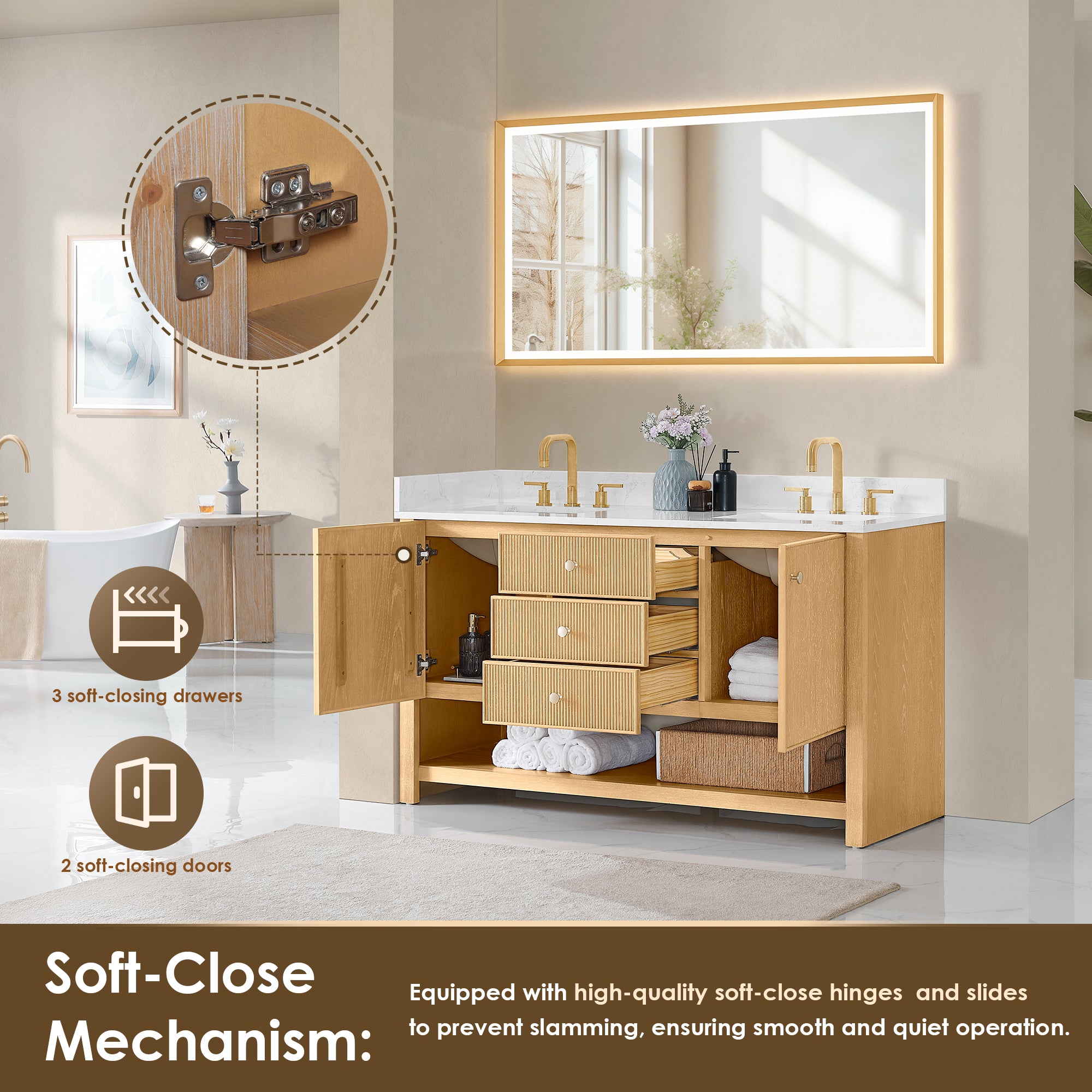 Cecil Bathroom Vanity in White Oak with Grain White Engineered Stone Countertop No Mirror
