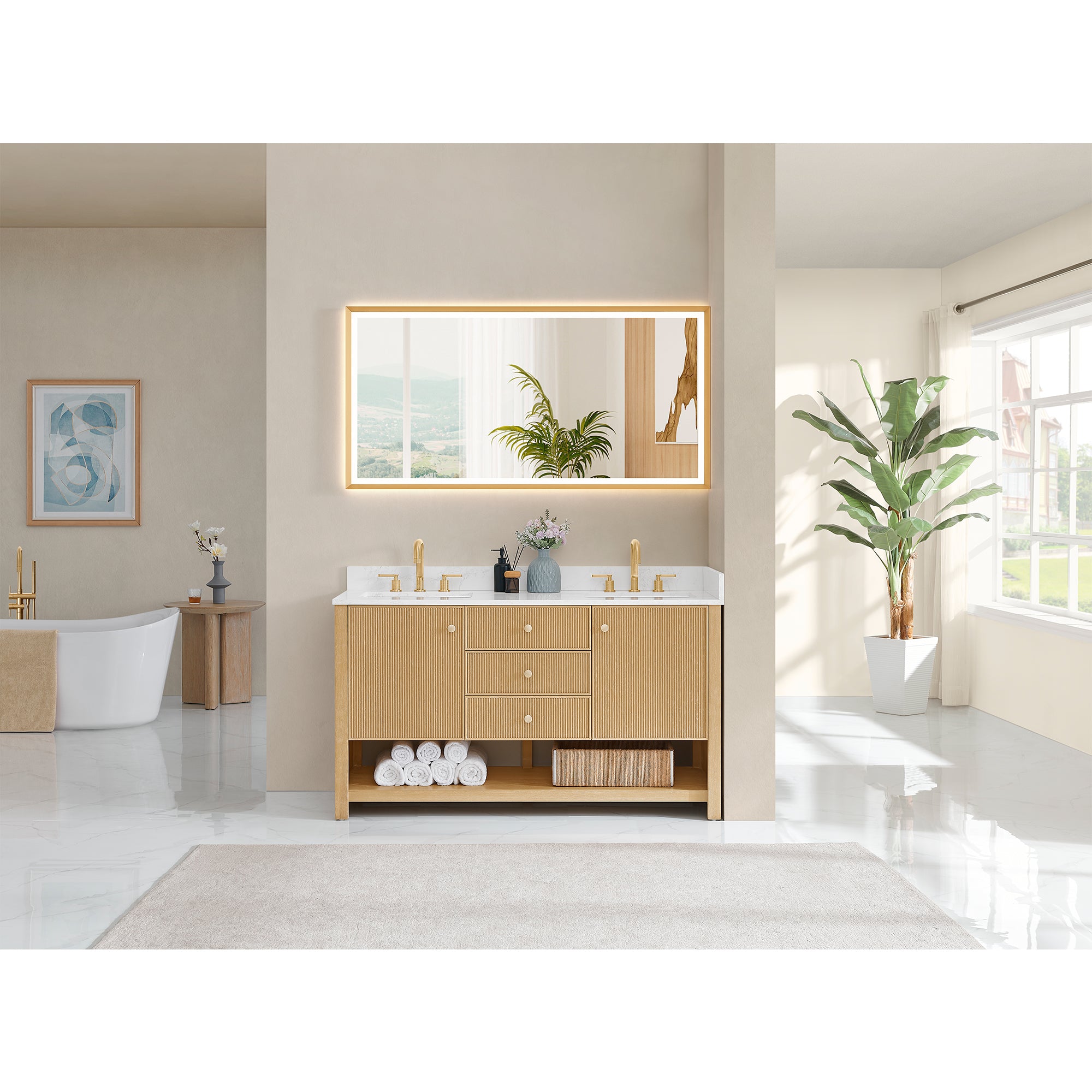 Cecil Bathroom Vanity in White Oak with Grain White Engineered Stone Countertop No Mirror