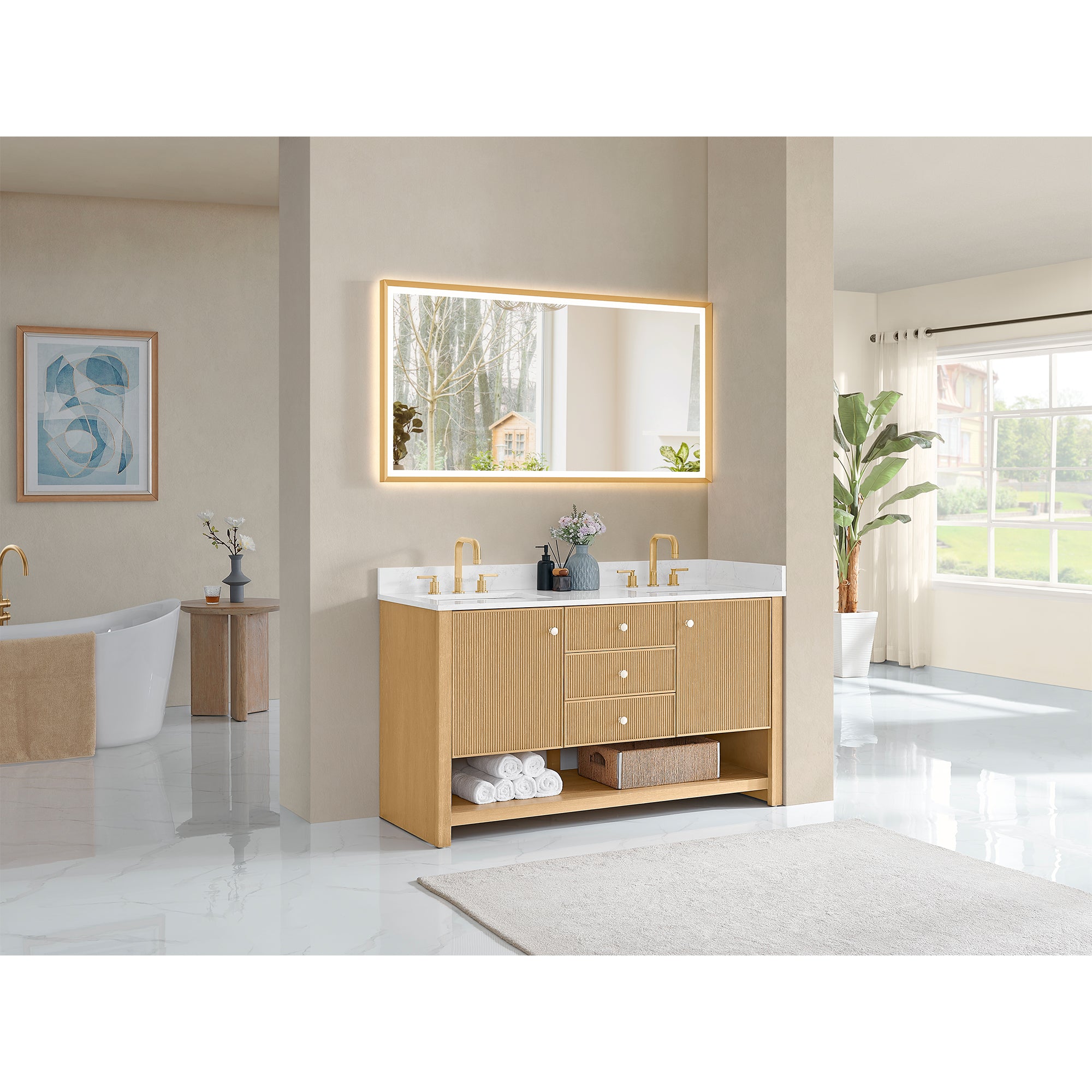 Cecil Bathroom Vanity in White Oak with Grain White Engineered Stone Countertop No Mirror