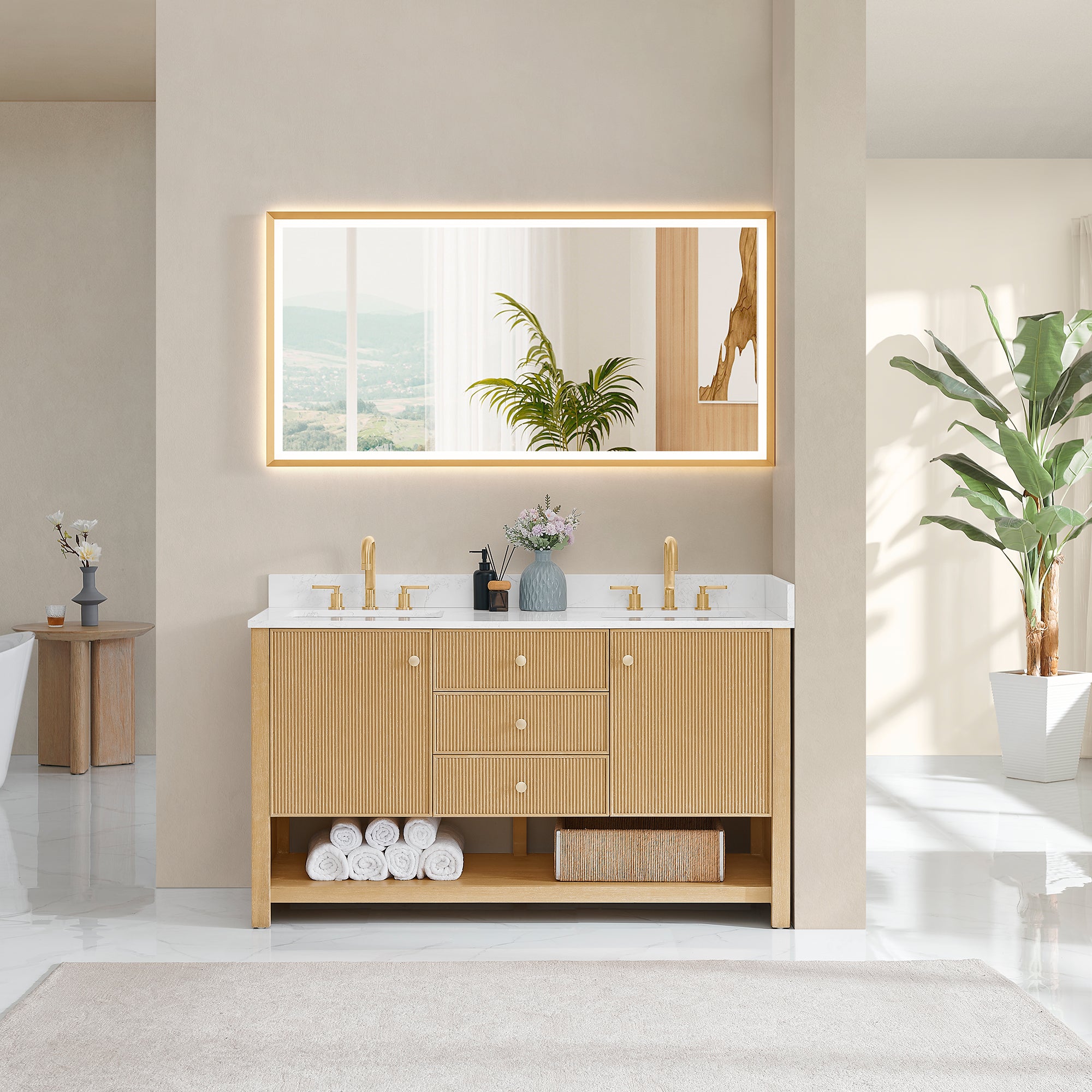 Cecil Bathroom Vanity in White Oak with Grain White Engineered Stone Countertop No Mirror
