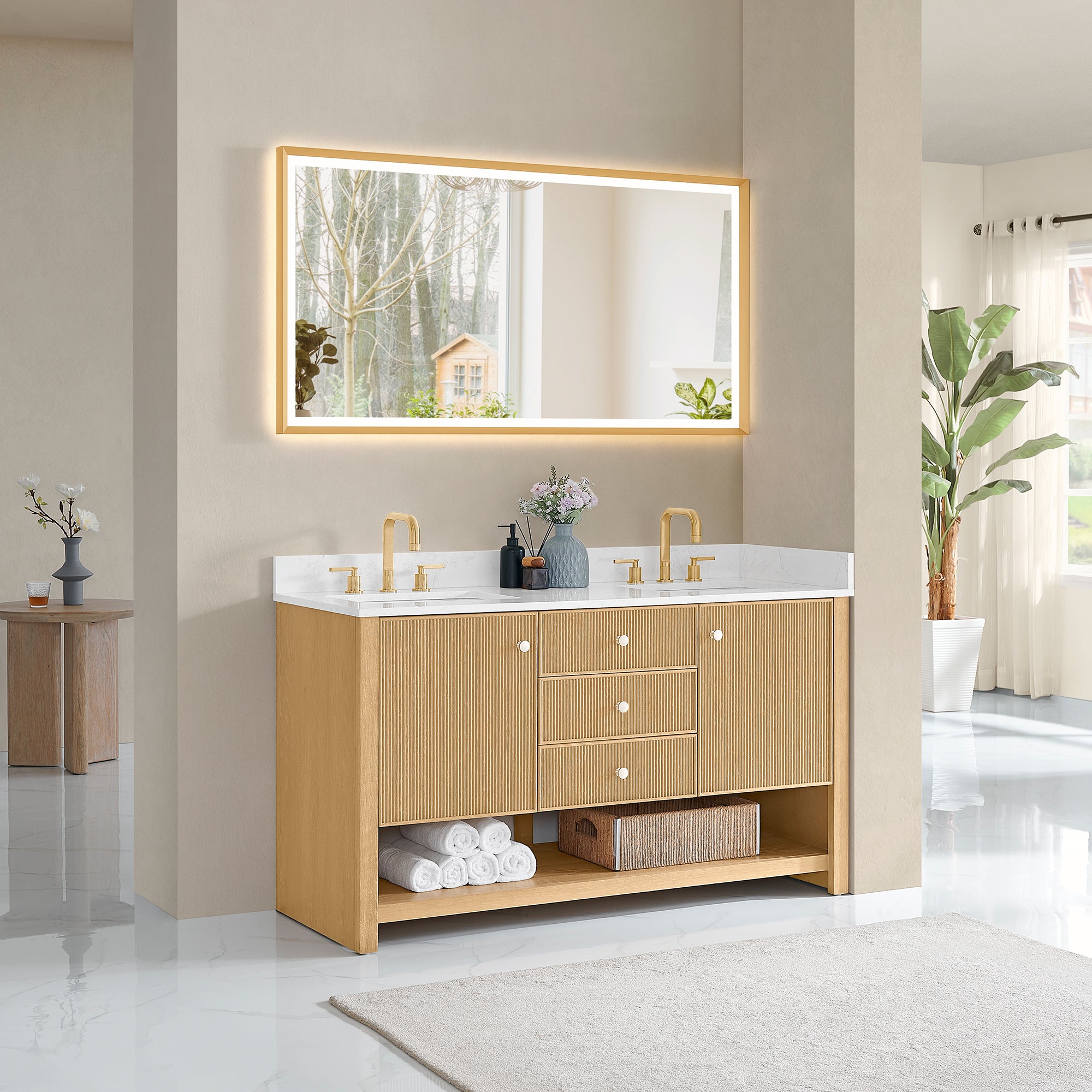 Cecil Bathroom Vanity in White Oak with Grain White Engineered Stone Countertop No Mirror
