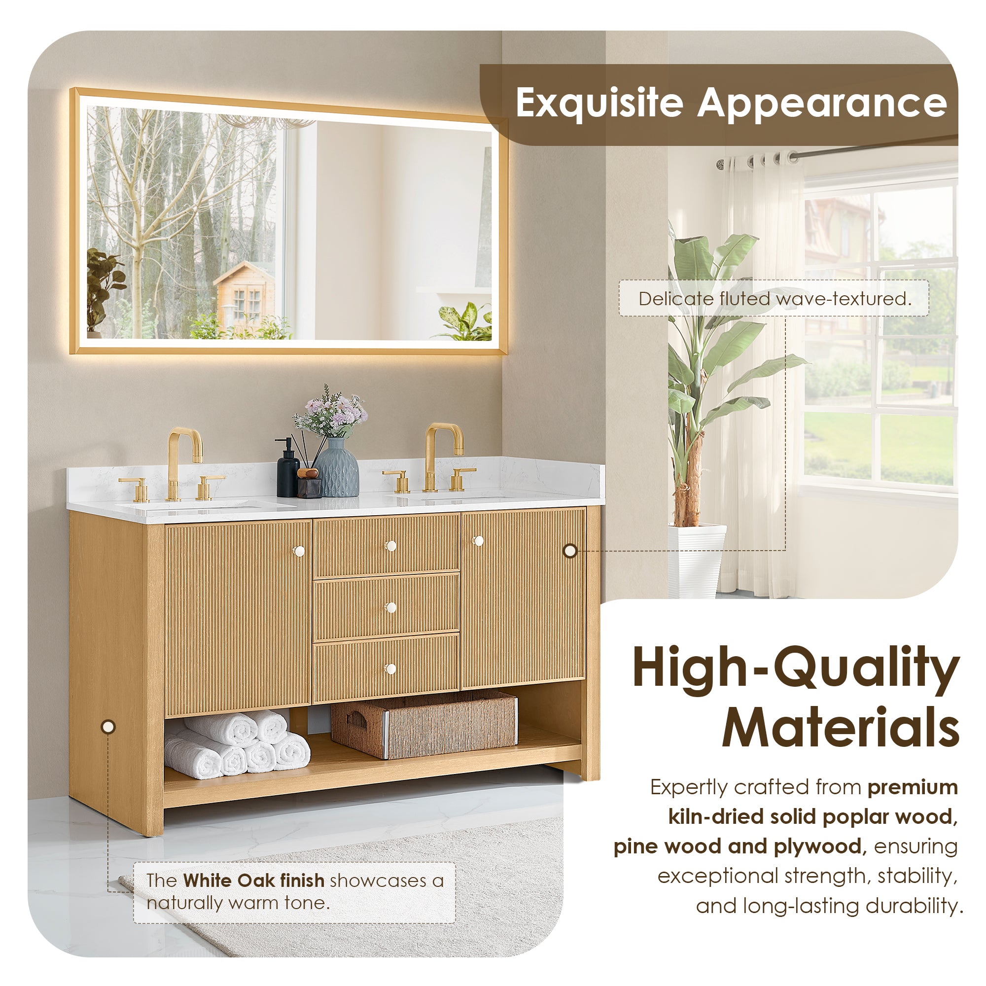 Cecil Bathroom Vanity in White Oak with Grain White Engineered Stone Countertop No Mirror