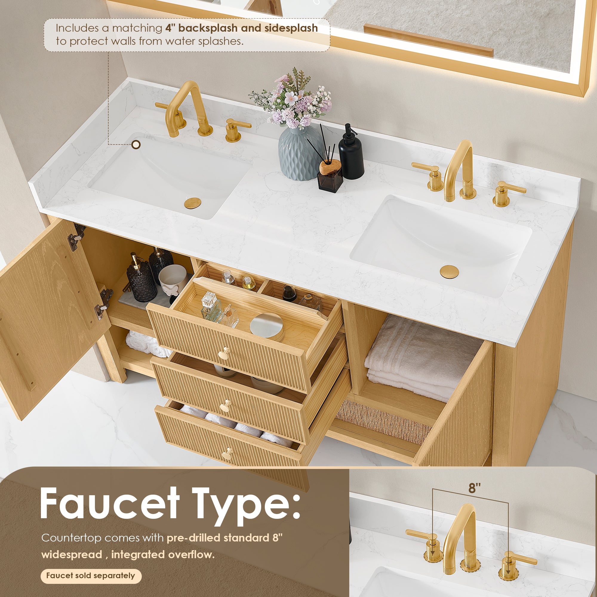 Cecil Bathroom Vanity in White Oak with Grain White Engineered Stone Countertop No Mirror