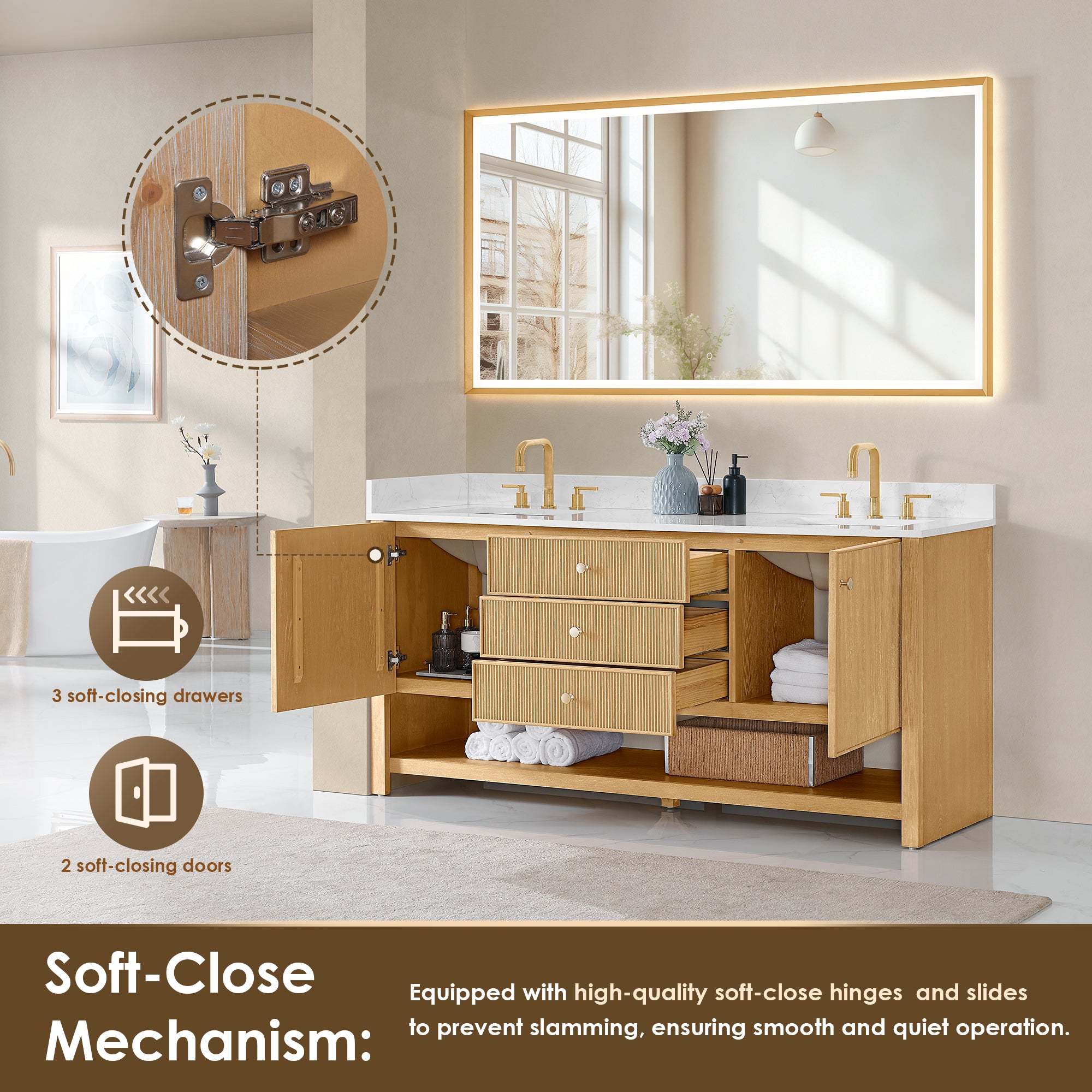 Cecil Bathroom Vanity in White Oak with Grain White Engineered Stone Countertop No Mirror