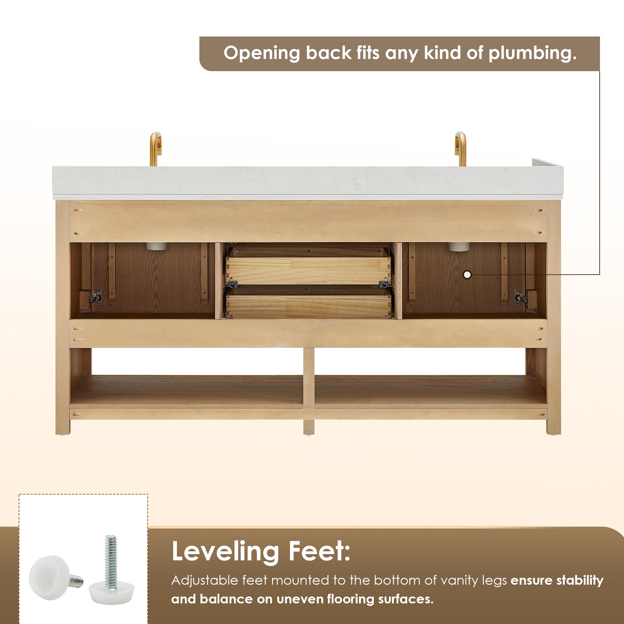 Cecil Bathroom Vanity in White Oak with Grain White Engineered Stone Countertop No Mirror