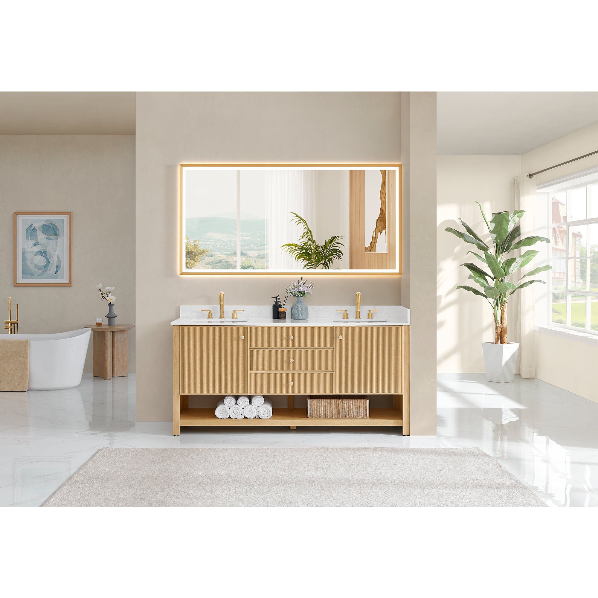 Cecil Bathroom Vanity in White Oak with Grain White Engineered Stone Countertop No Mirror