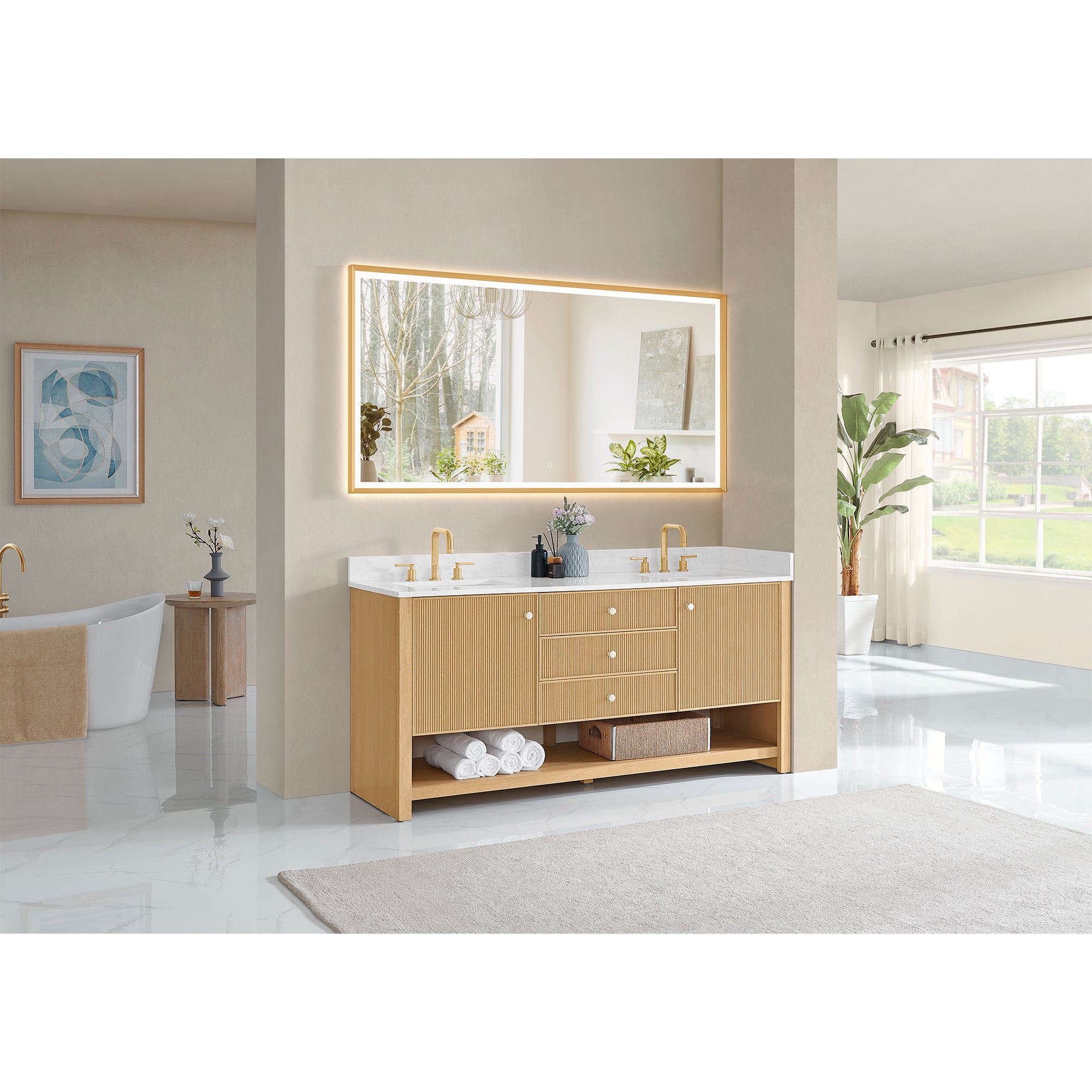 Cecil Bathroom Vanity in White Oak with Grain White Engineered Stone Countertop No Mirror