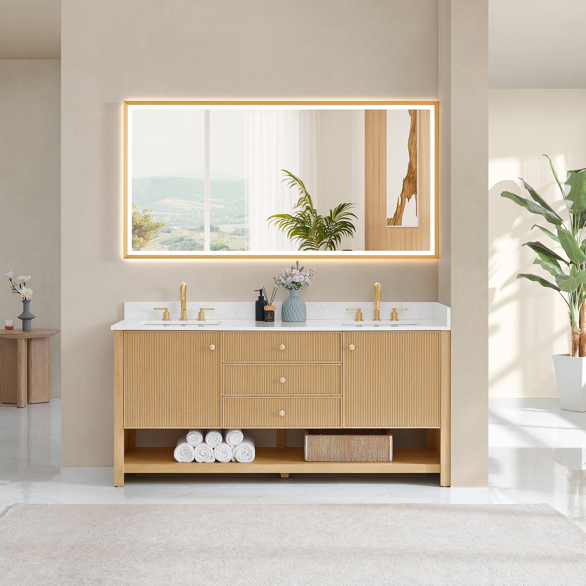 Cecil Bathroom Vanity in White Oak with Grain White Engineered Stone Countertop No Mirror
