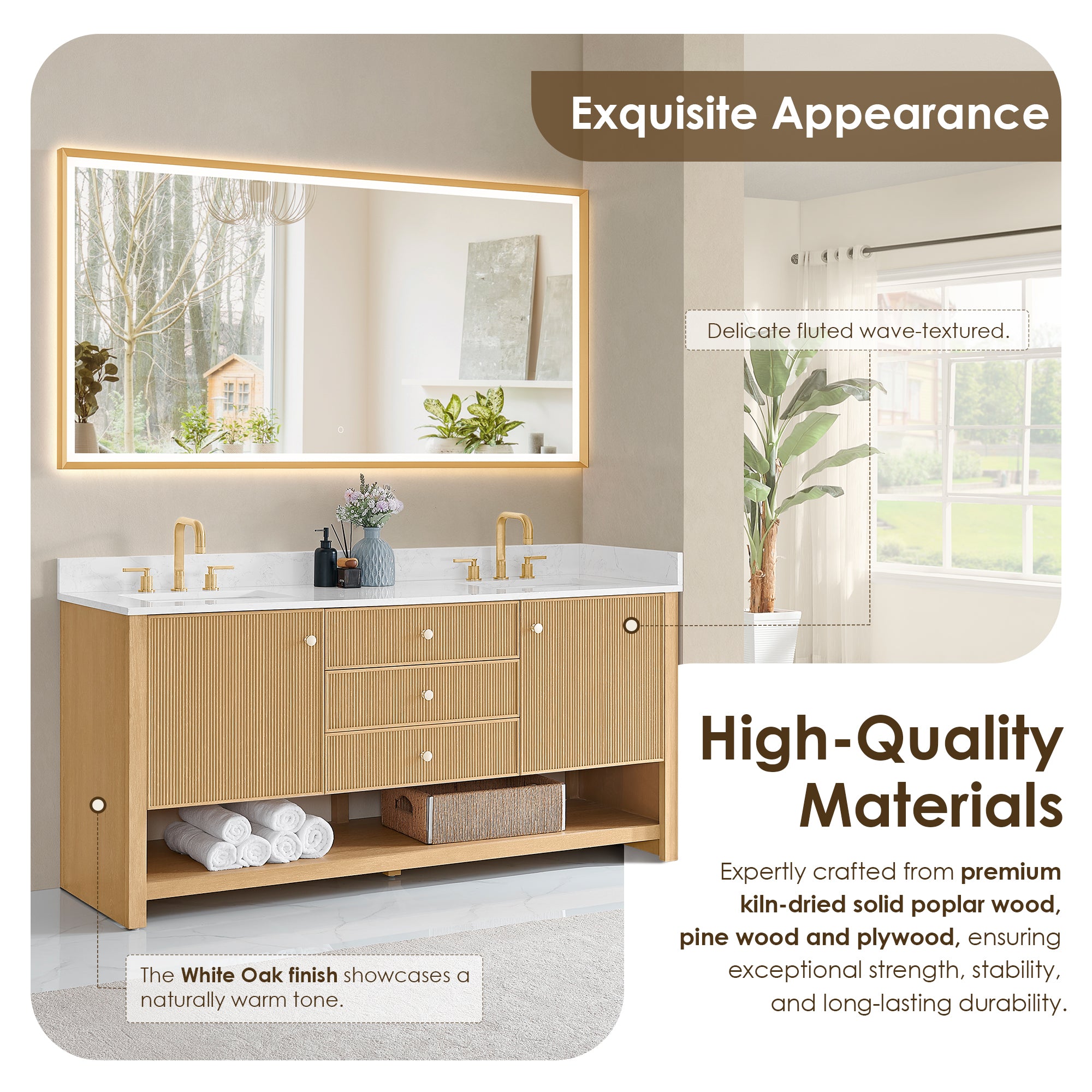 Cecil Bathroom Vanity in White Oak with Grain White Engineered Stone Countertop No Mirror