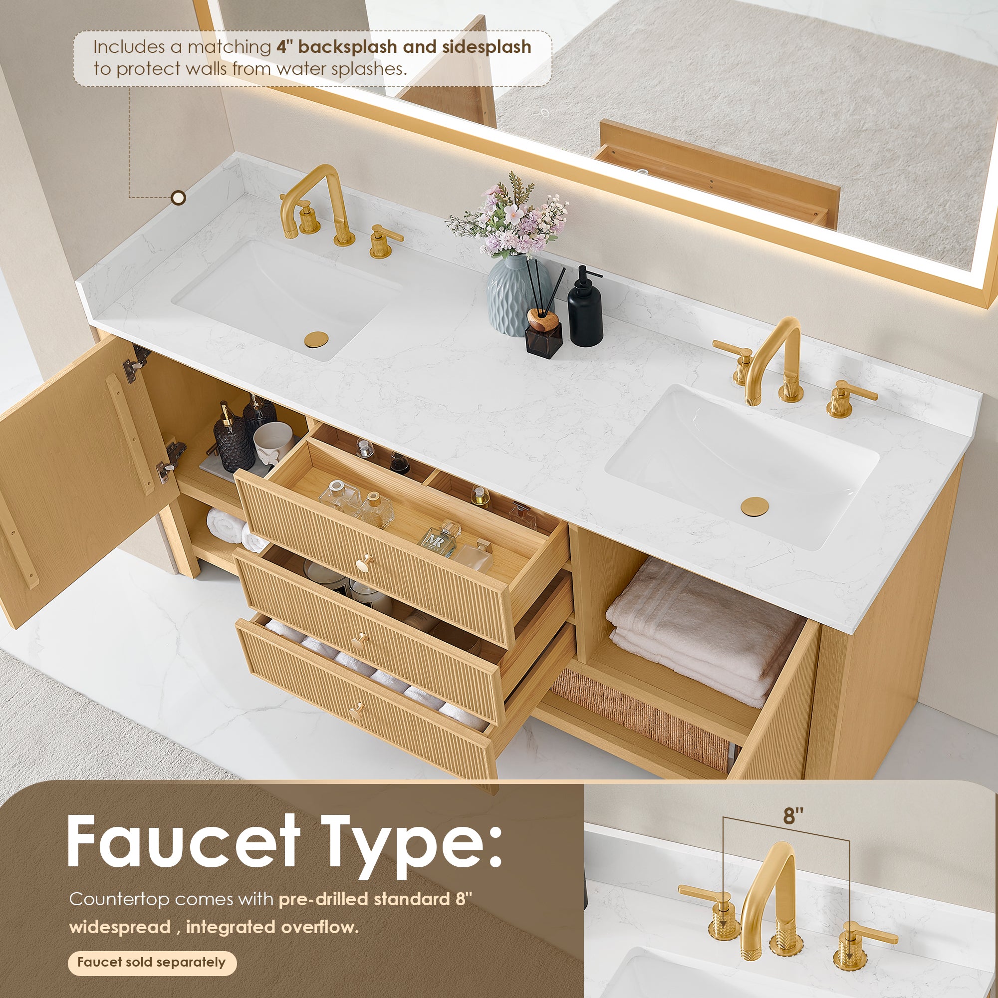 Cecil Bathroom Vanity in White Oak with Grain White Engineered Stone Countertop No Mirror