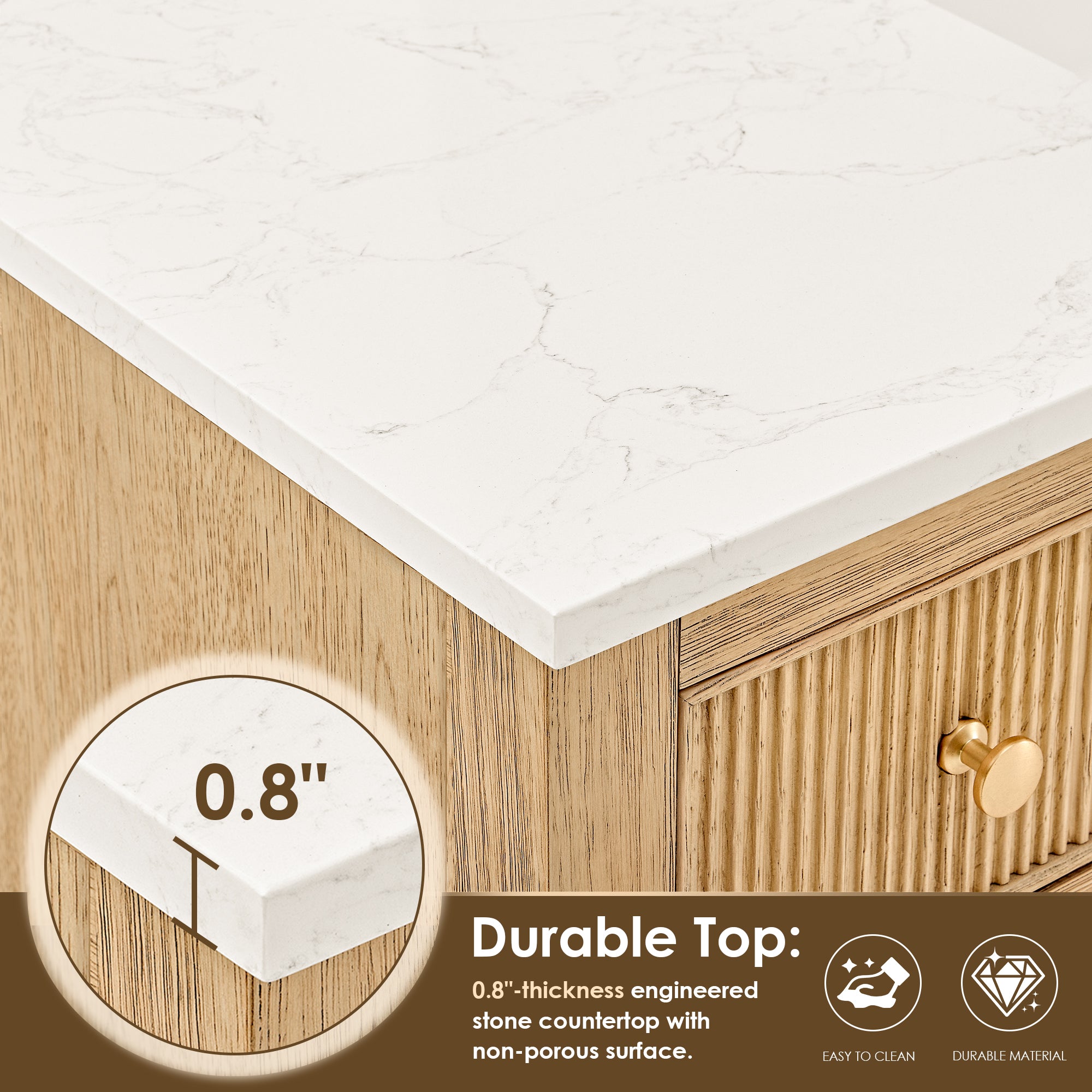 Cecil Bathroom Vanity in White Oak with Grain White Engineered Stone Countertop No Mirror
