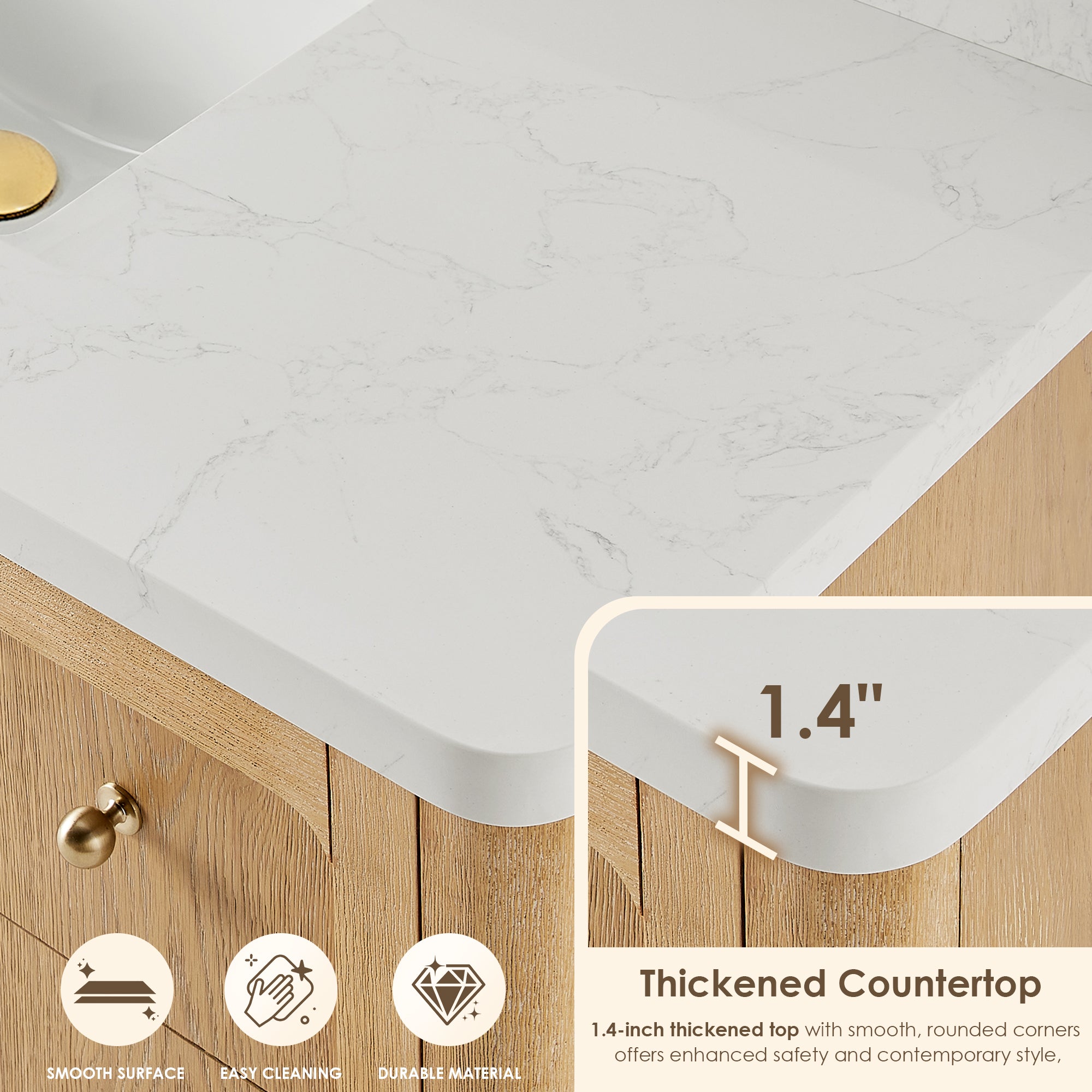 Milner Bathroom Vanity in Brushed Oak with Grain White Engineered Stone Countertop without Mirror