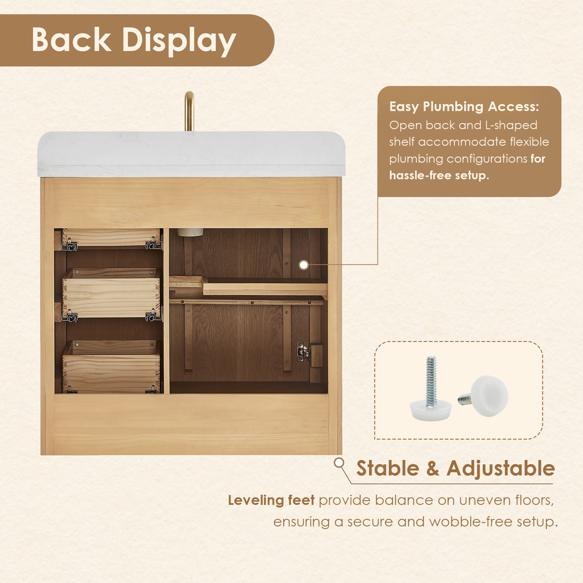 Milner Bathroom Vanity in Brushed Oak with Grain White Engineered Stone Countertop without Mirror
